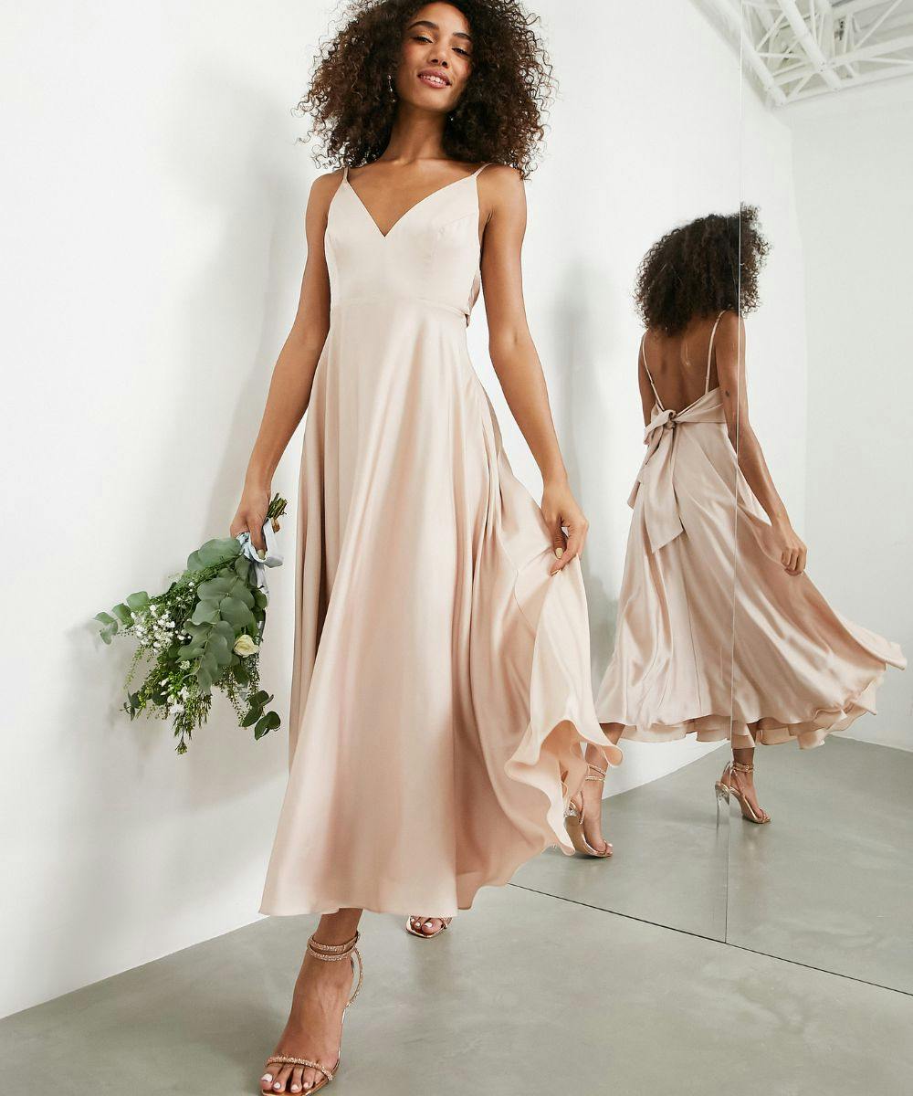 Pink midi shop bridesmaid dress