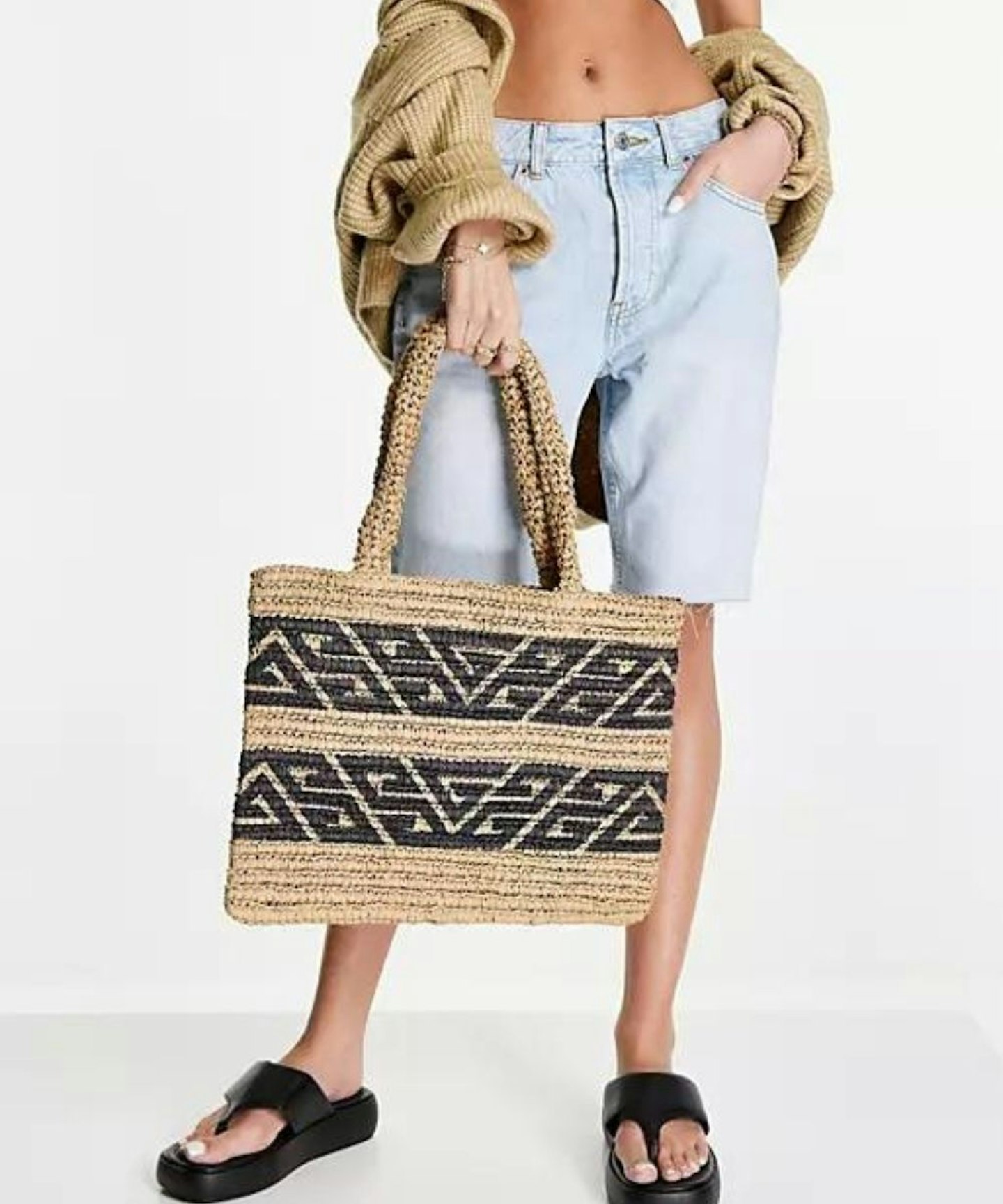 ASOS DESIGN Tote With Monogram Detail In Natural Paper Straw