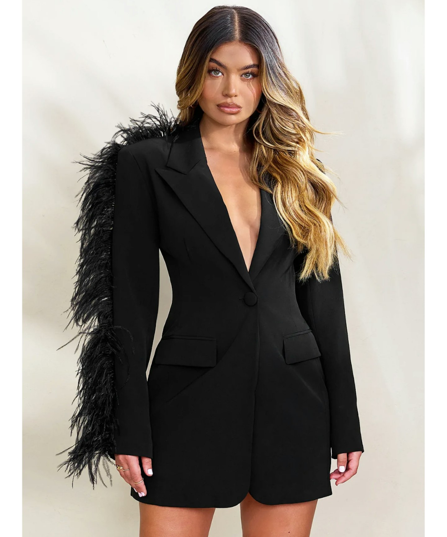 One In A Million Black Blazer Dress With Feather Trim