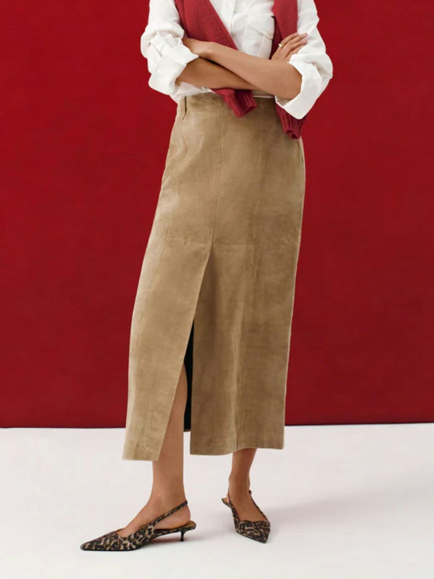 Mint Velvet Neutral Suede Midi Skirt