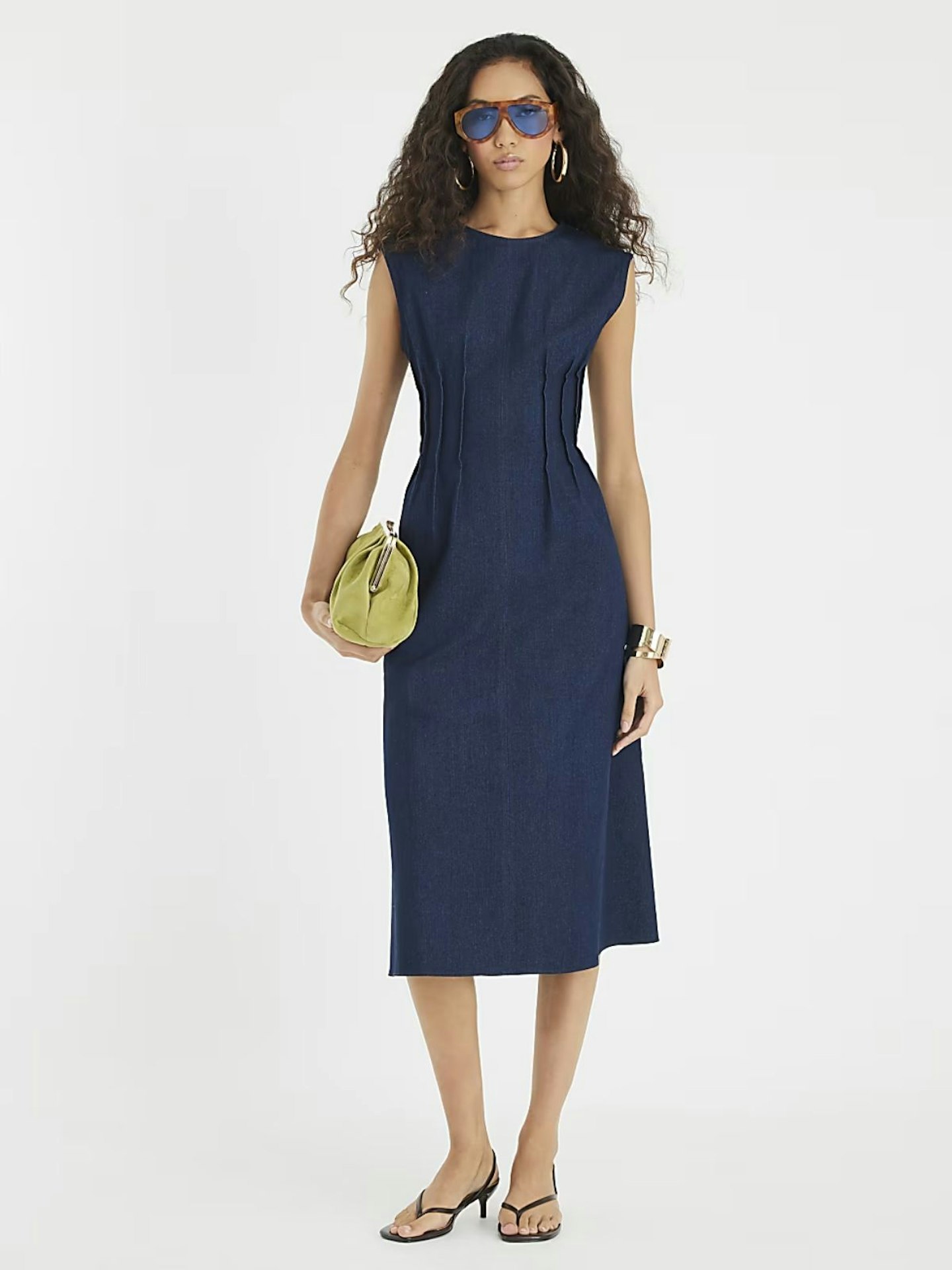 River Island Blue Denim Pintuck Stretch Denim Midi Dress