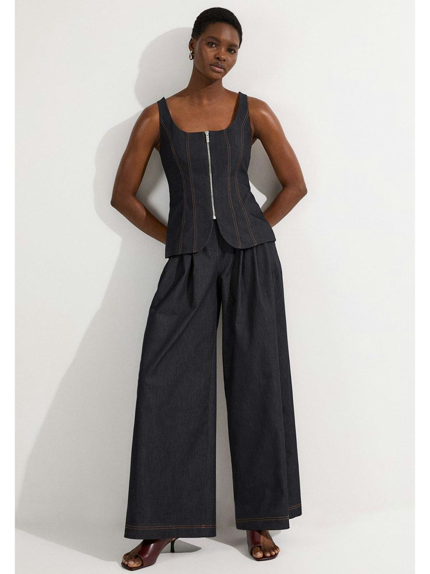 Tailored Denim Peplum Wide Leg Jumpsuit