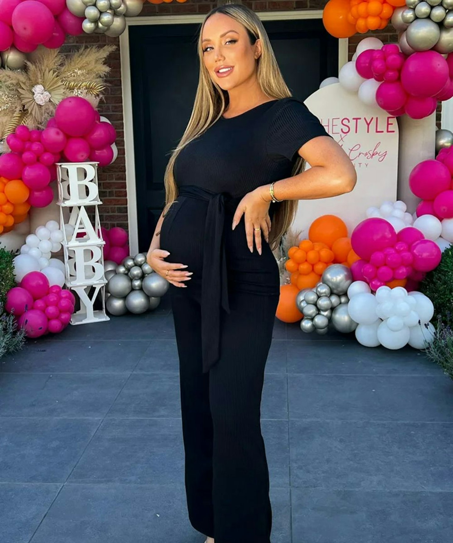 Charlotte Crosby Maternity Black Ribbed Tie Front Jumpsuit