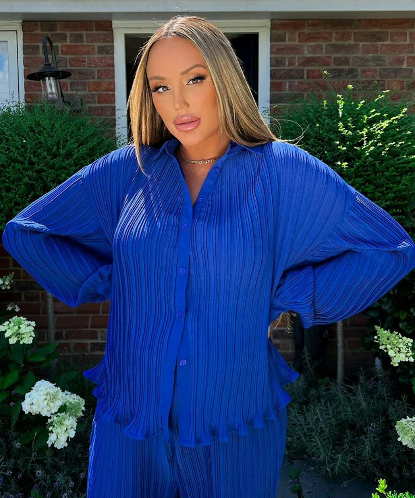 Charlotte Crosby Maternity Blue Plisse Oversized Shirt