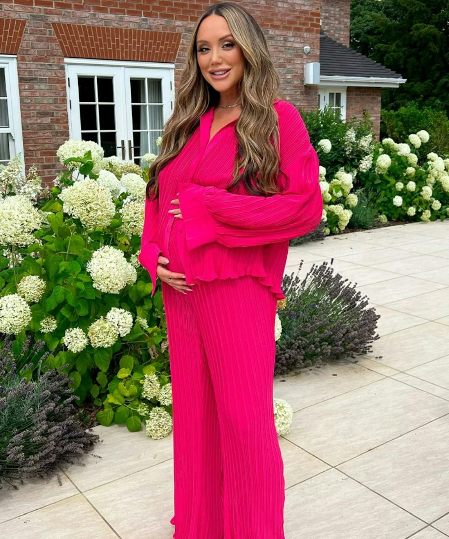 Charlotte Crosby Maternity Pink Plisse Wide Leg Trousers