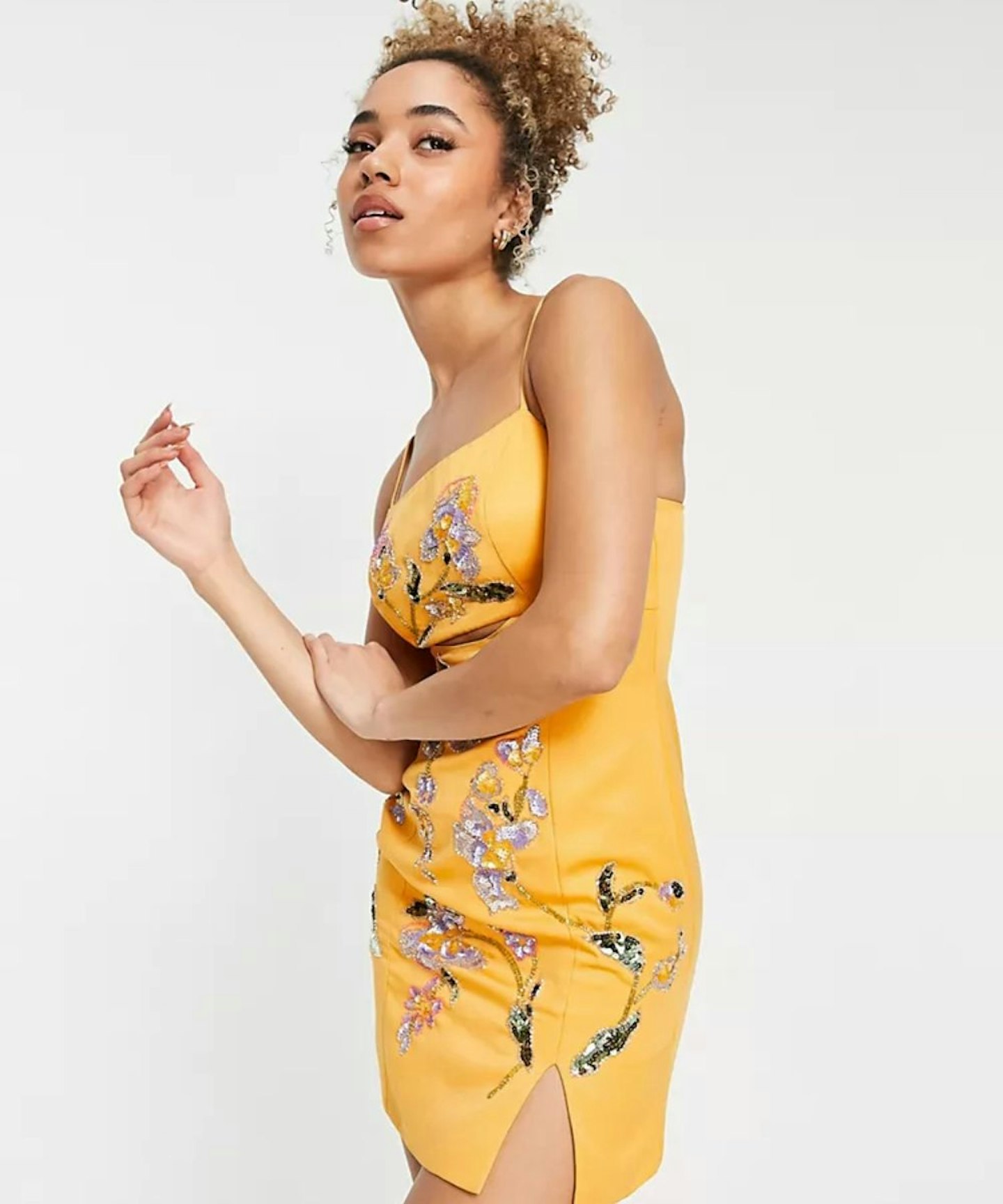 ASOS DESIGN structured mini dress wIth floral embellishment in orange