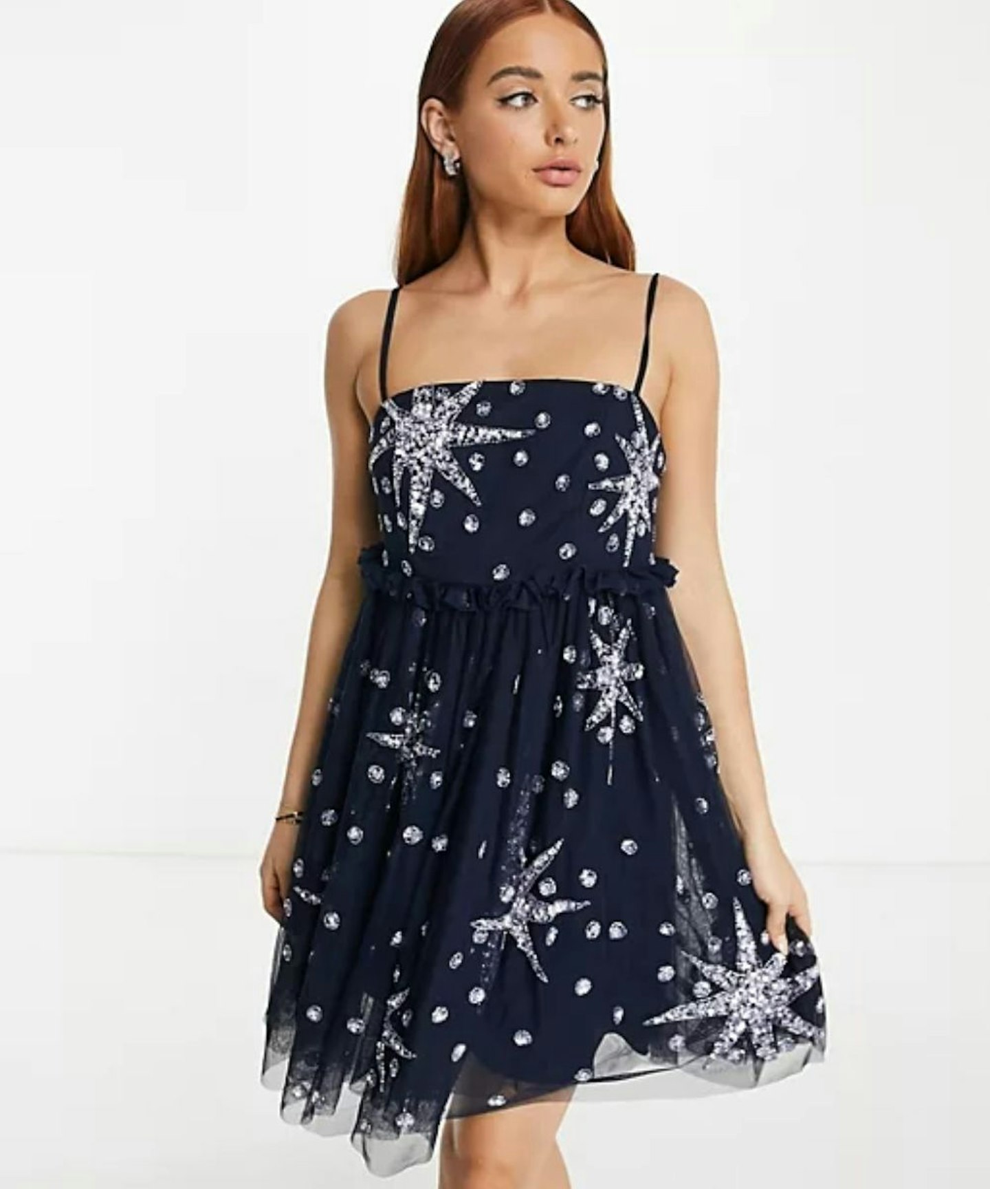 Maya mini dress with oversized star embellishment in navy