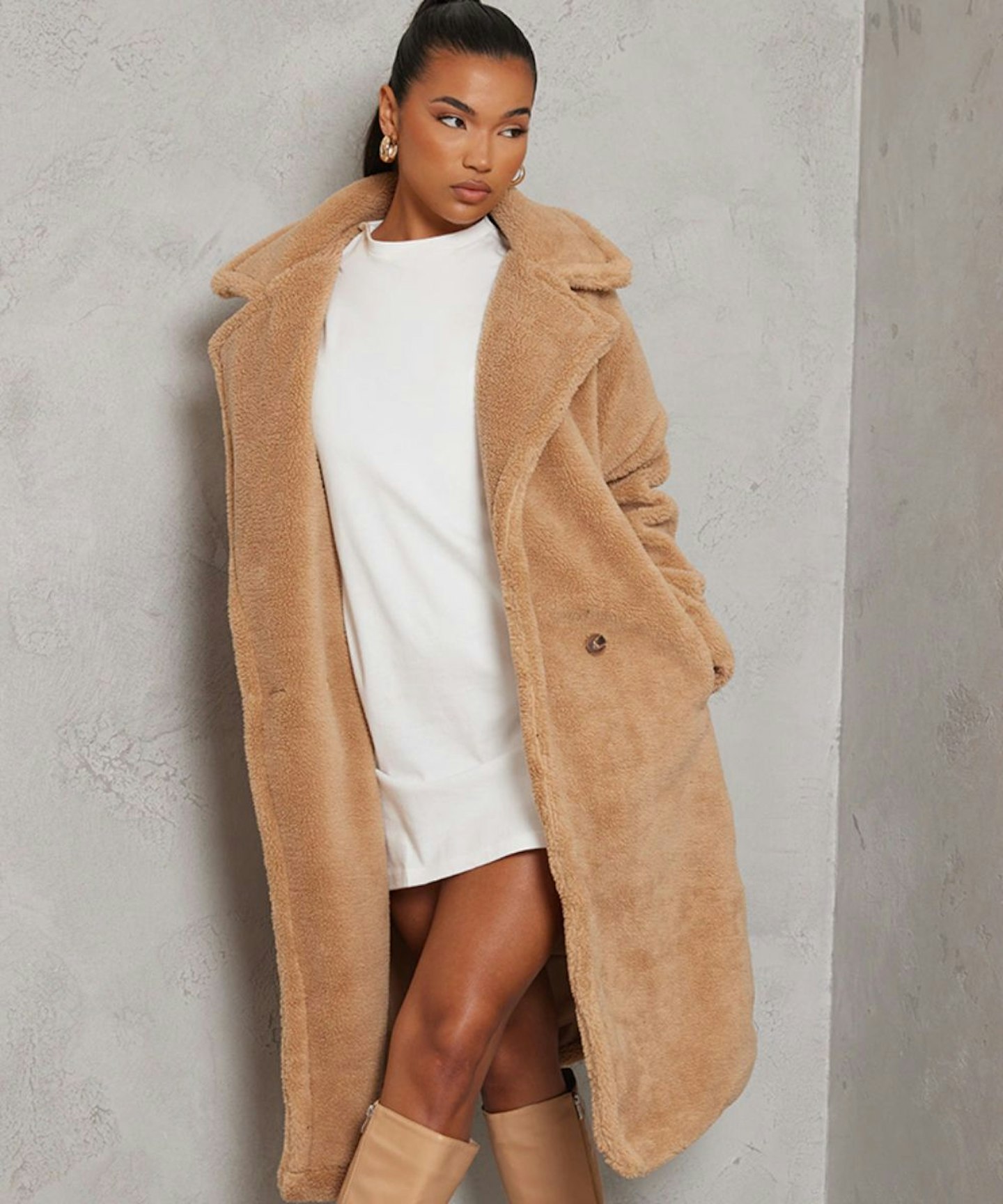 PrettyLittleThing Camel Teddy Bear Borg Coat