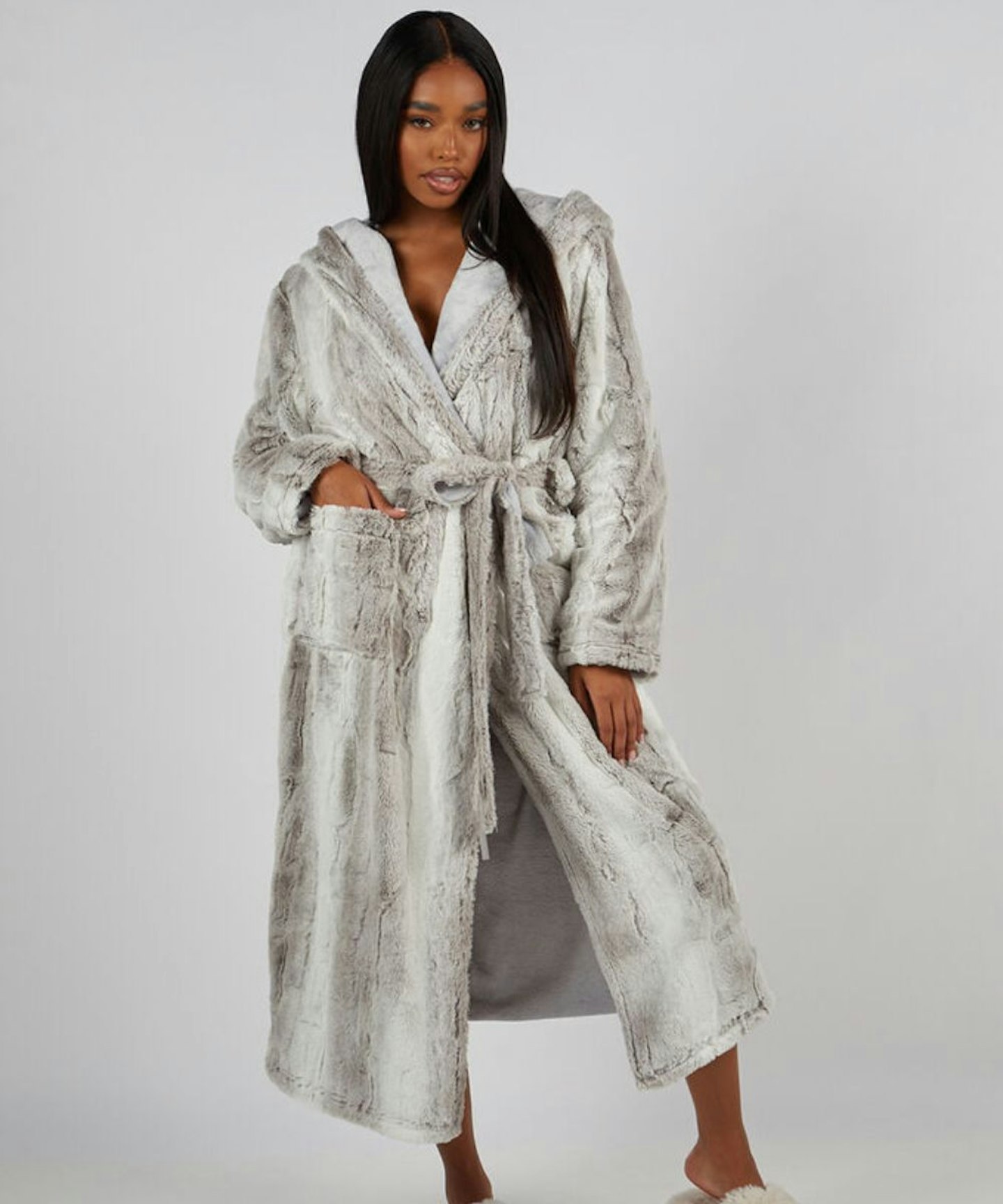 Boux Avenue Fluffy animal long dressing gown - Grey Mix
