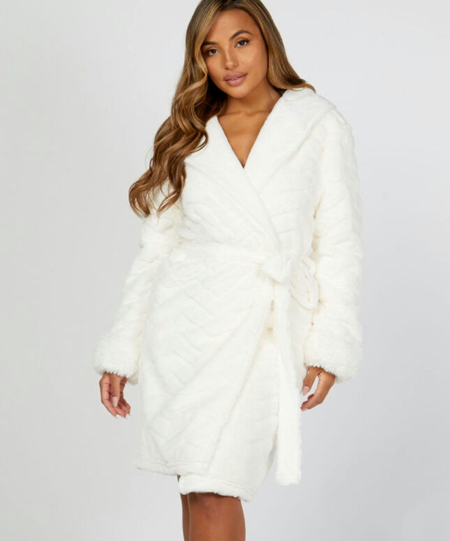 Boux Avenue Fluffy chevron midi dressing gown - Ivory
