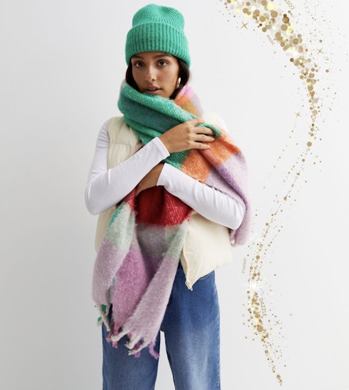 Multicoloured Colour Block Brushed Tassel Trim Scarf