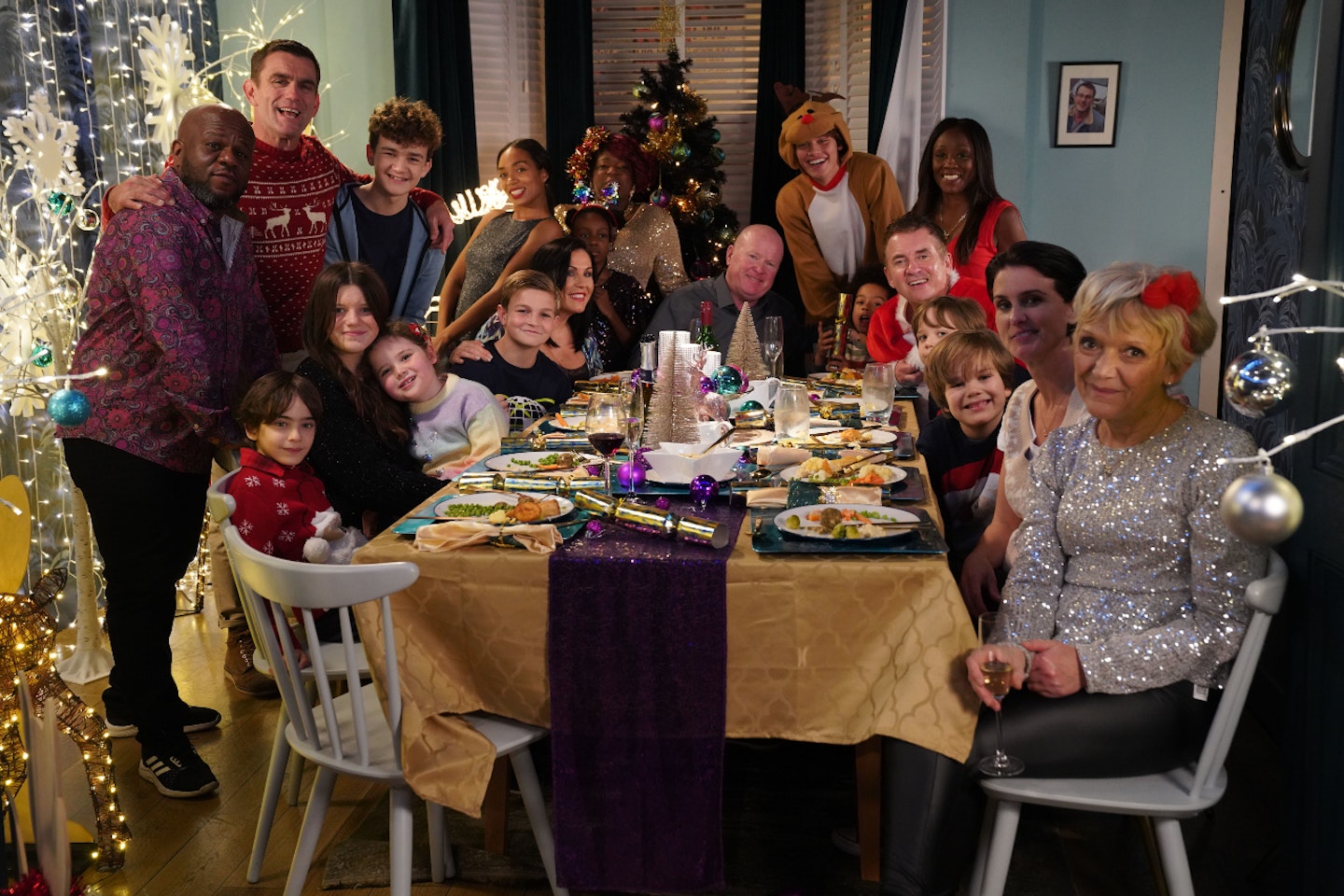 The Slater, Fox, Branning and Mitchell family having Christmas lunch in EastEnders