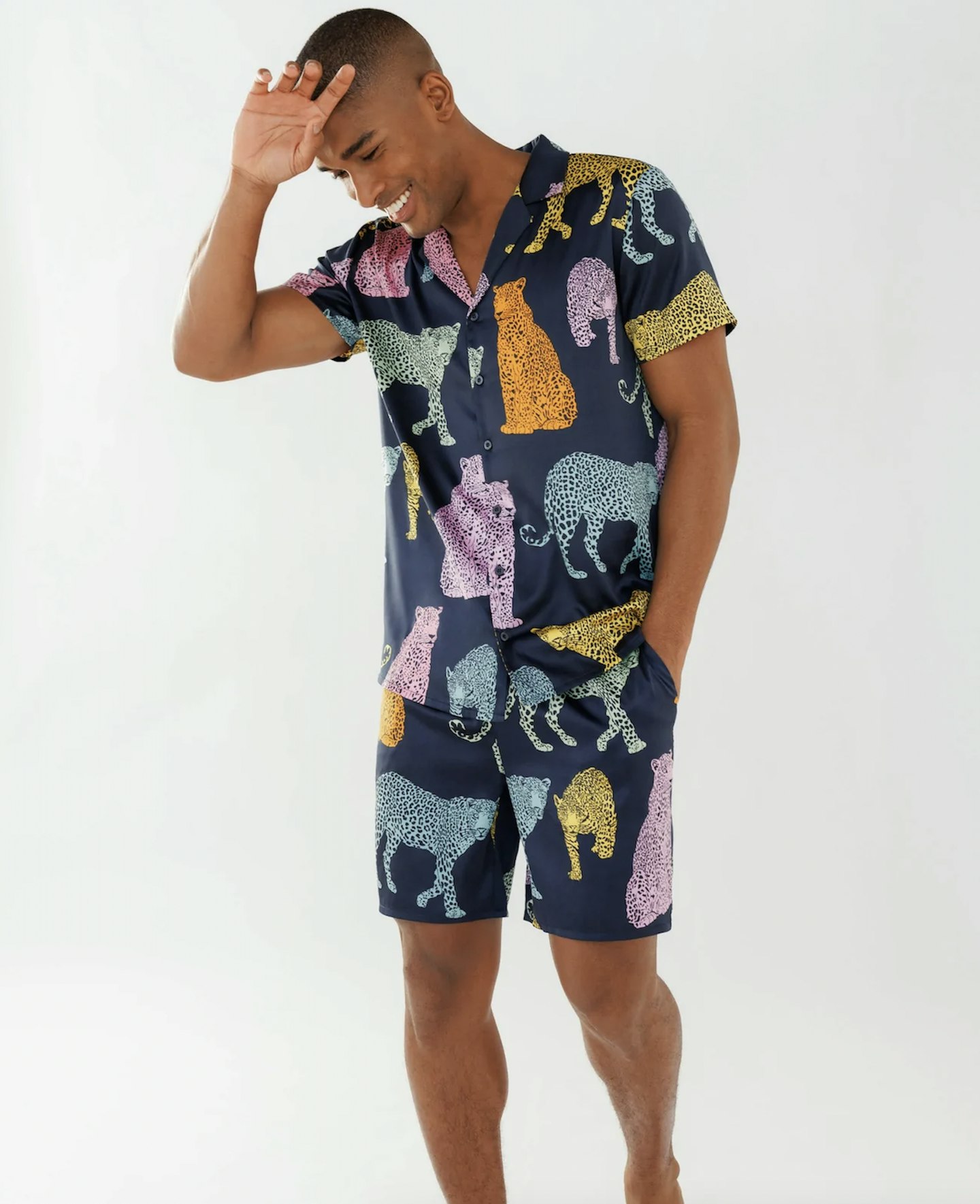 Men's Navy Multi Leopard Satin Button Up Short Pyjama Set