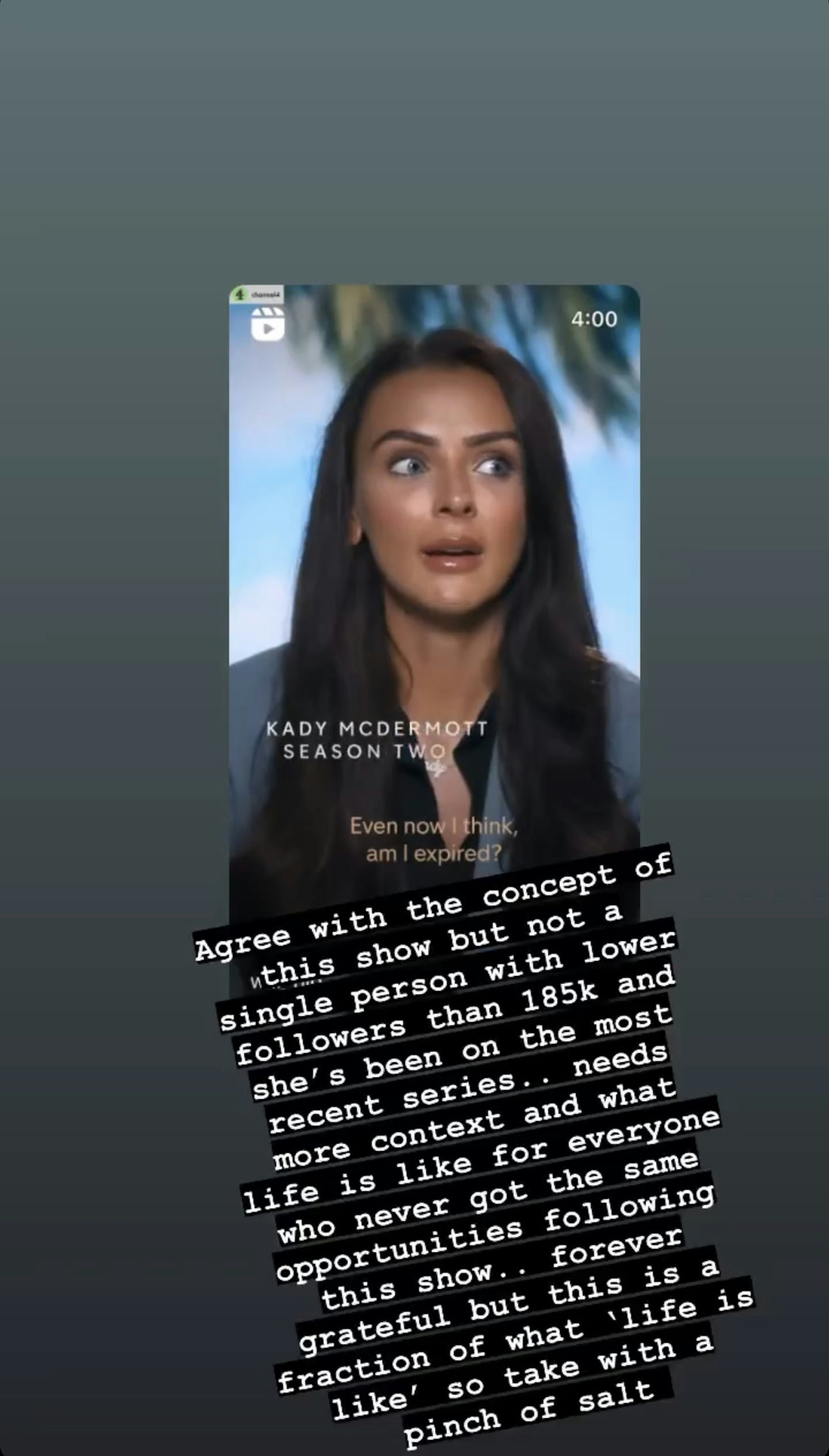 Jamie Clayton's Instagram Story criticising Life After Love Island