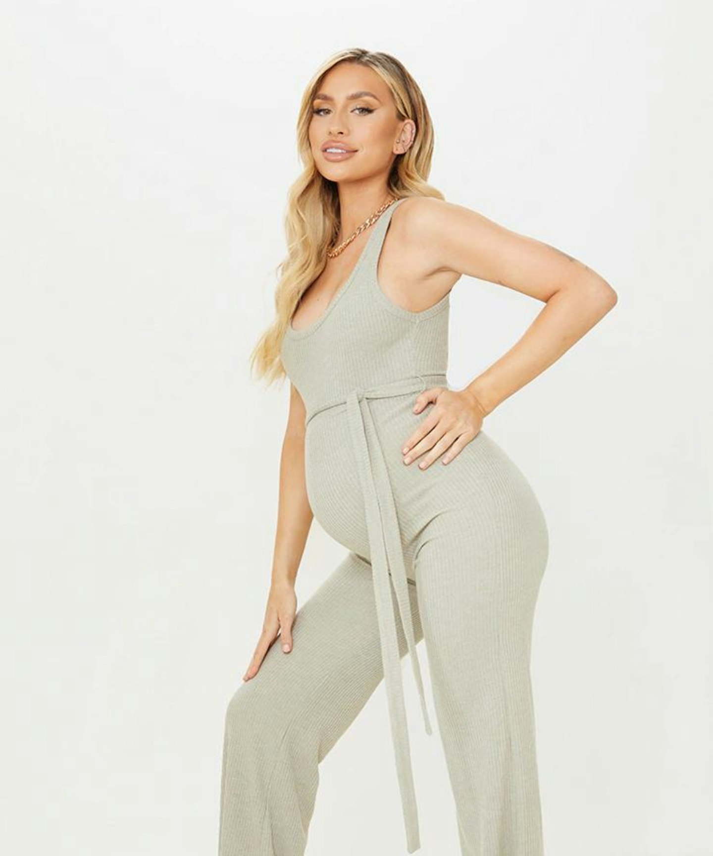 PrettyLittleThing Sage Ribbed Tie Waist Jumpsuit 