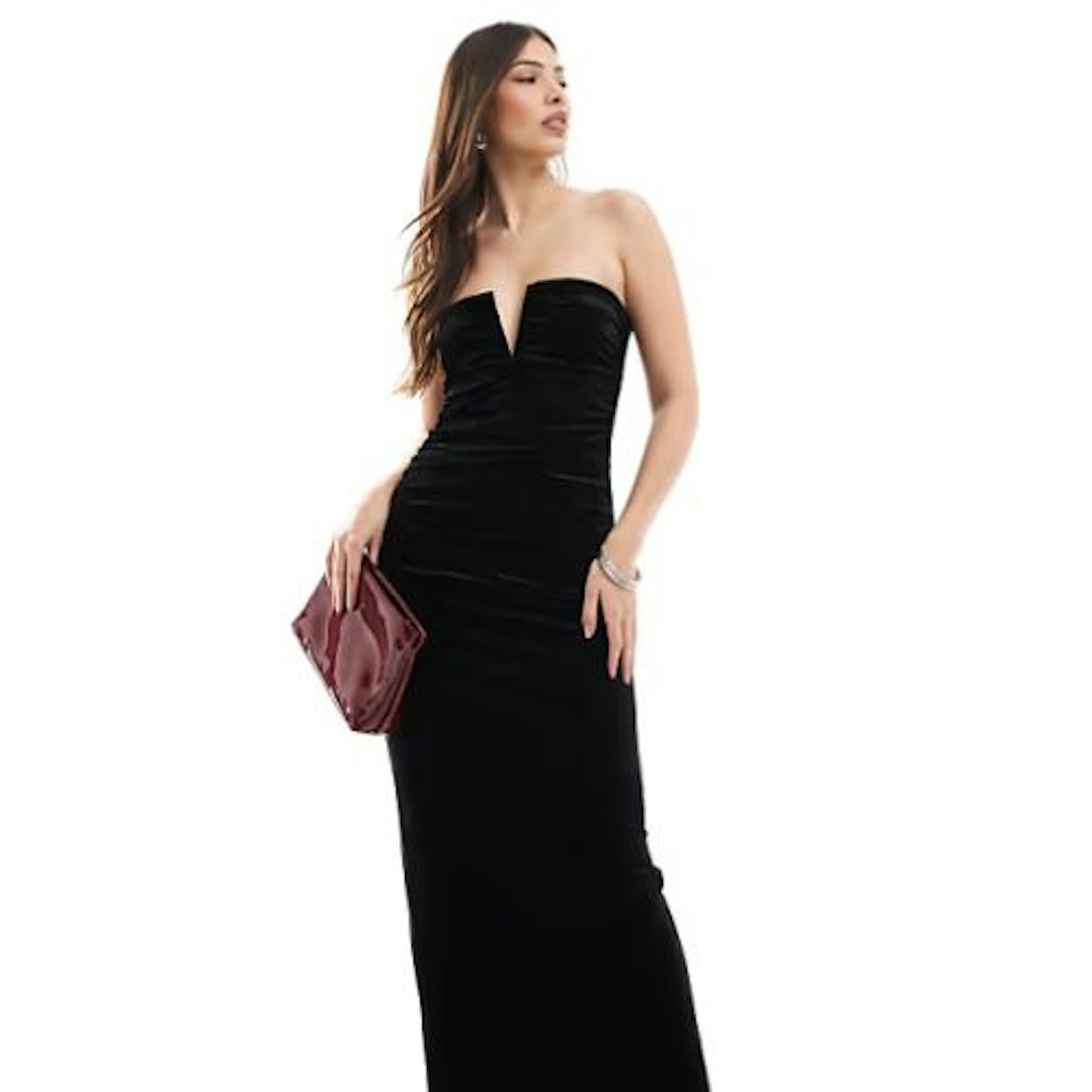 4th & Reckless velvet bandeau notch detail ruched maxi dress in black