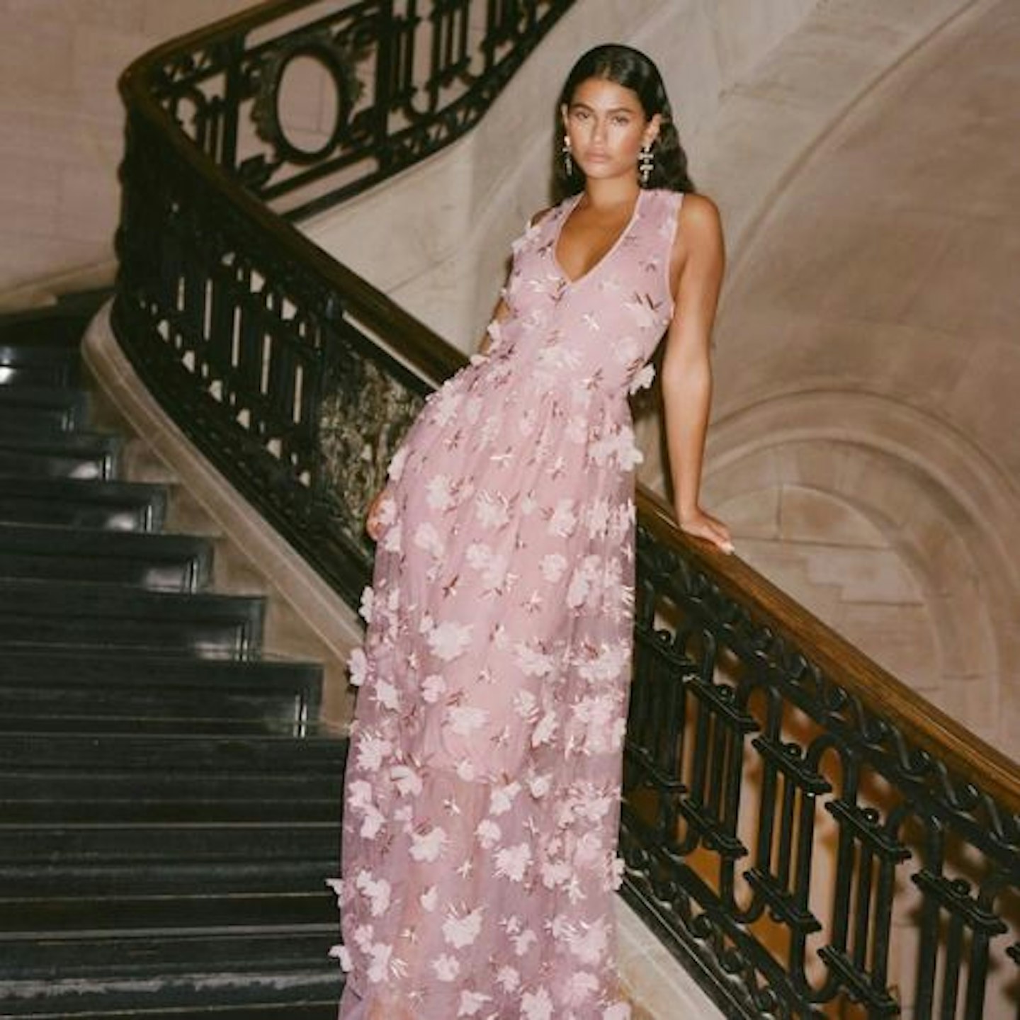 Blush Pink Floral Print Textured V-Neck Maxi Dress