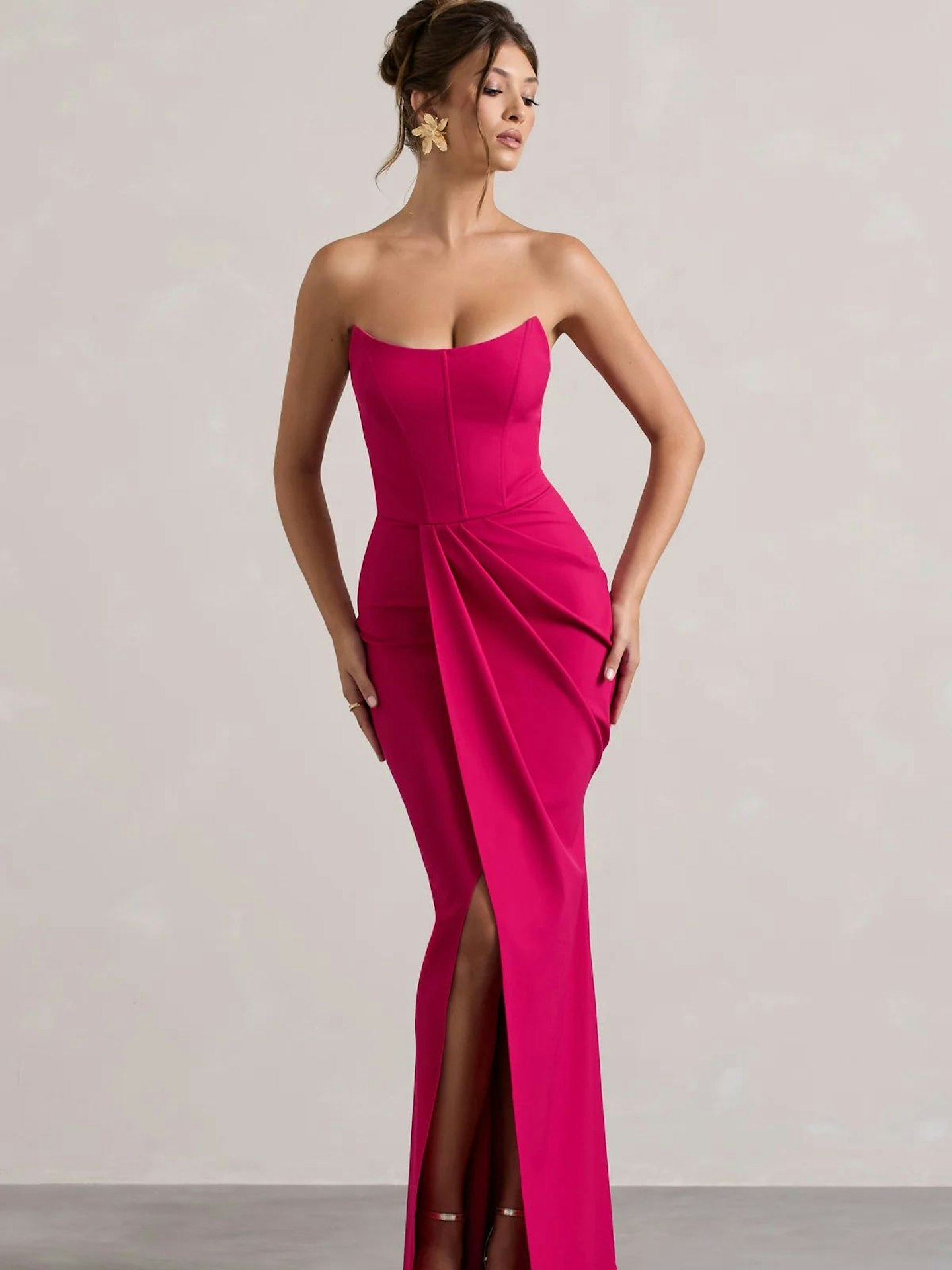 Brigitte Hot Pink Strapless Corset Wrap Maxi Dress