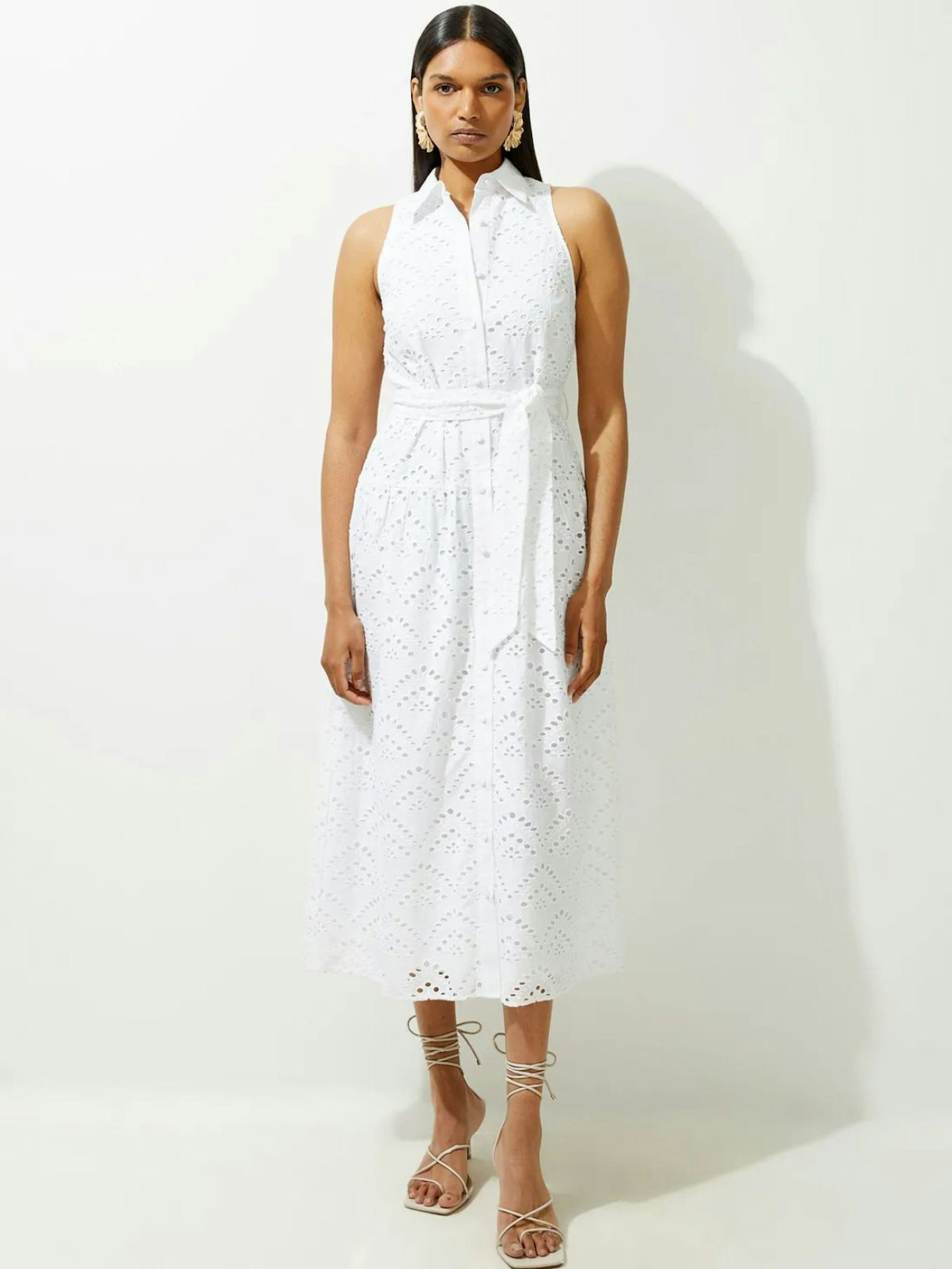 Karen Millen Cotton Broderie Belted Woven Maxi Shirt Dress