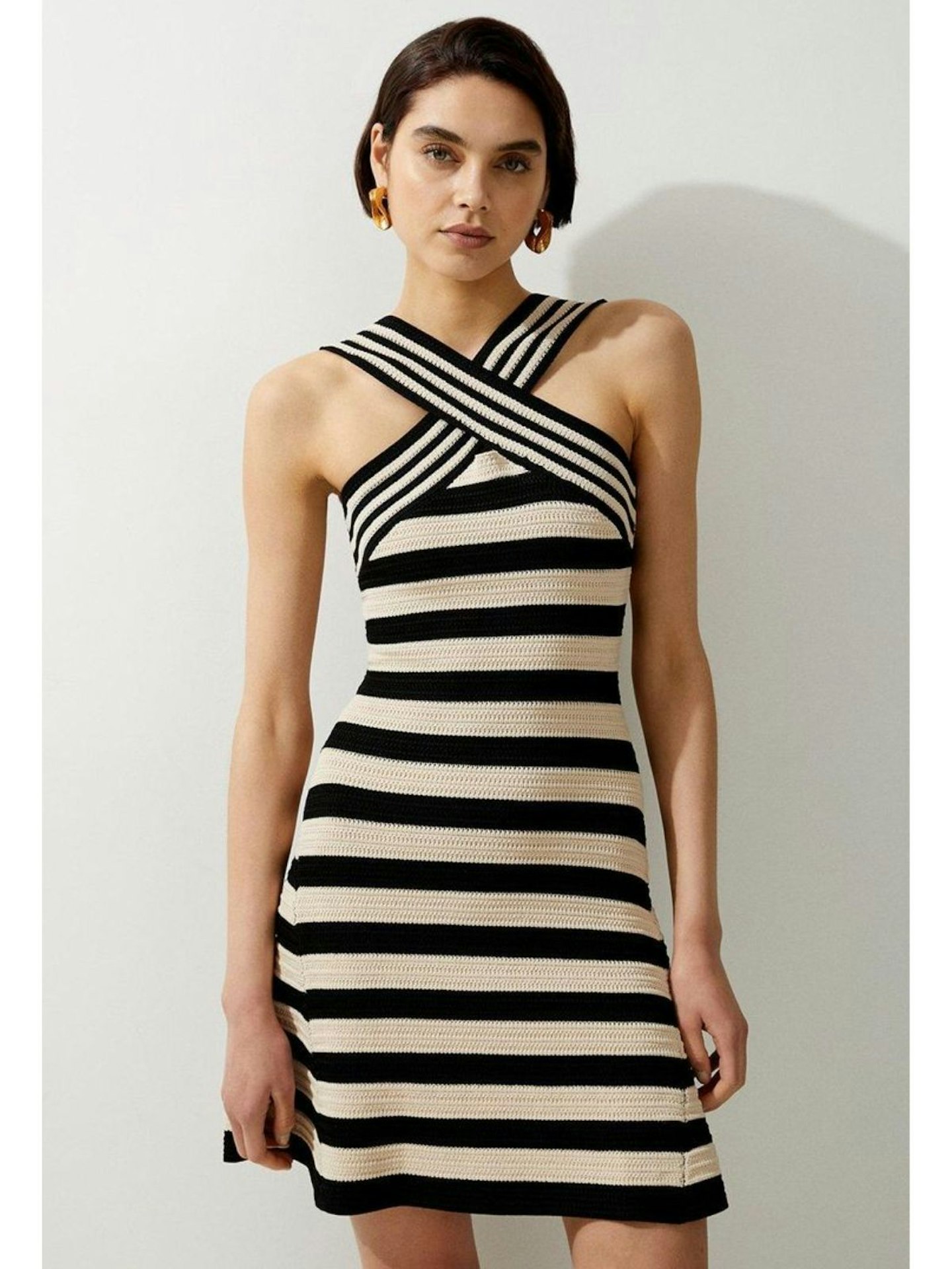 Karen Millen Viscose Blend Crochet Knit Cross Front Flippy Mini Dress