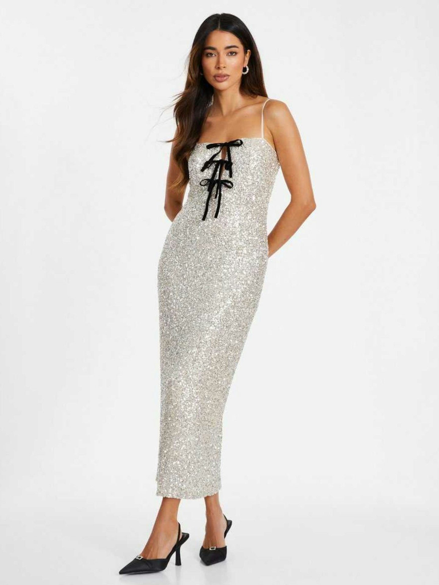 QUIZ Silver Bow Sequin Midaxi Dress