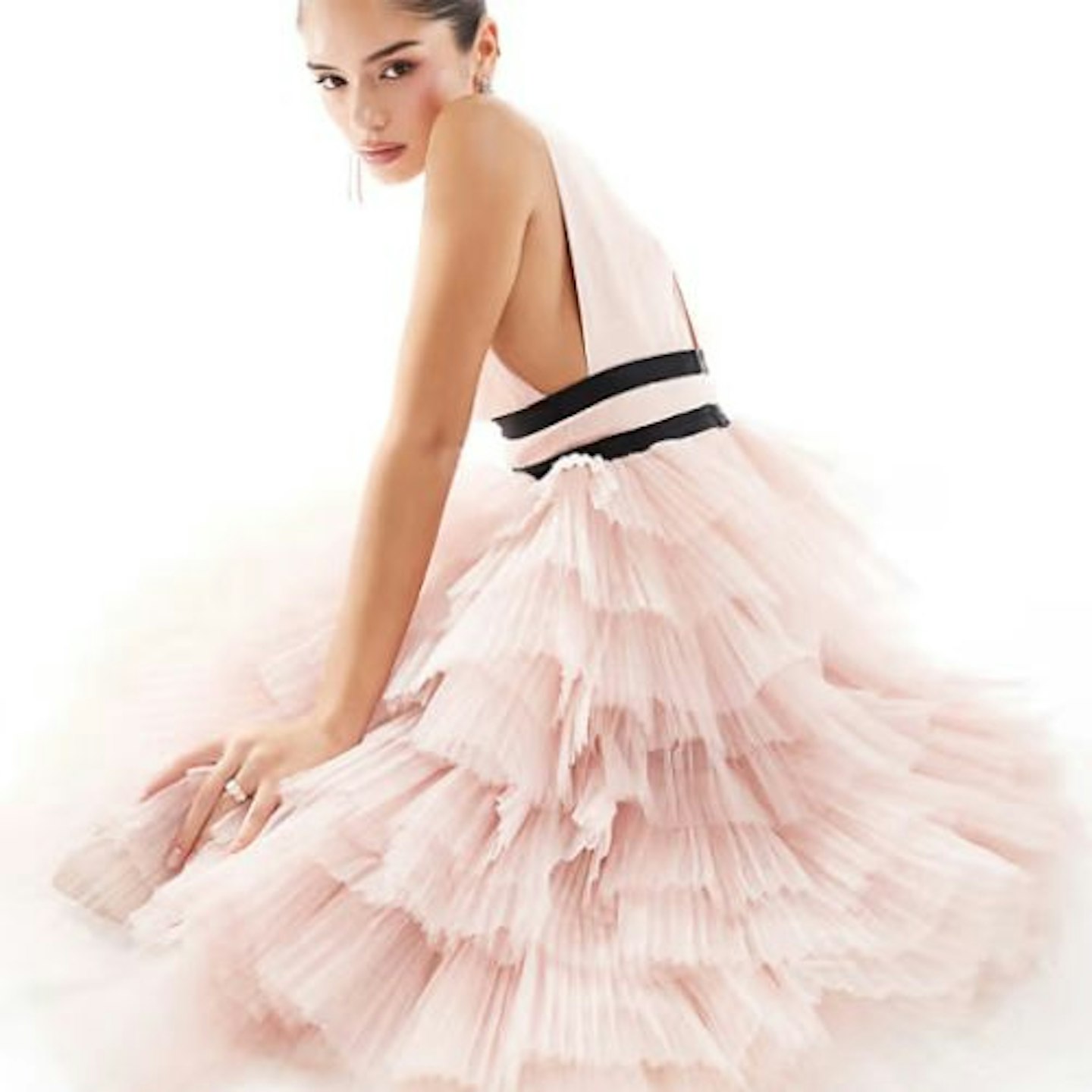 True Decadence Plunge front tulle layered maxi dress in soft nude