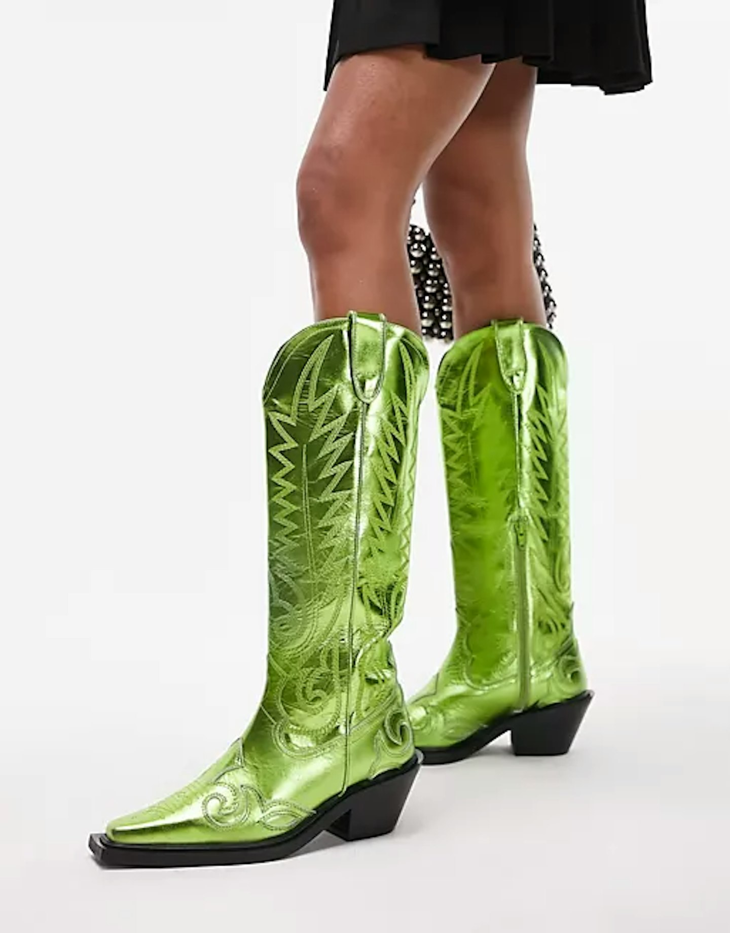 Topshop Bailey Premium Leather Western Boot In Metallic Green