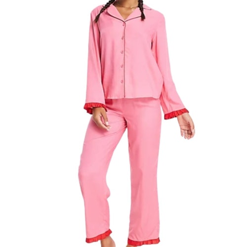 ASOS Design Mix & Match Pyjama With Contrast Frill - Pink & Red
