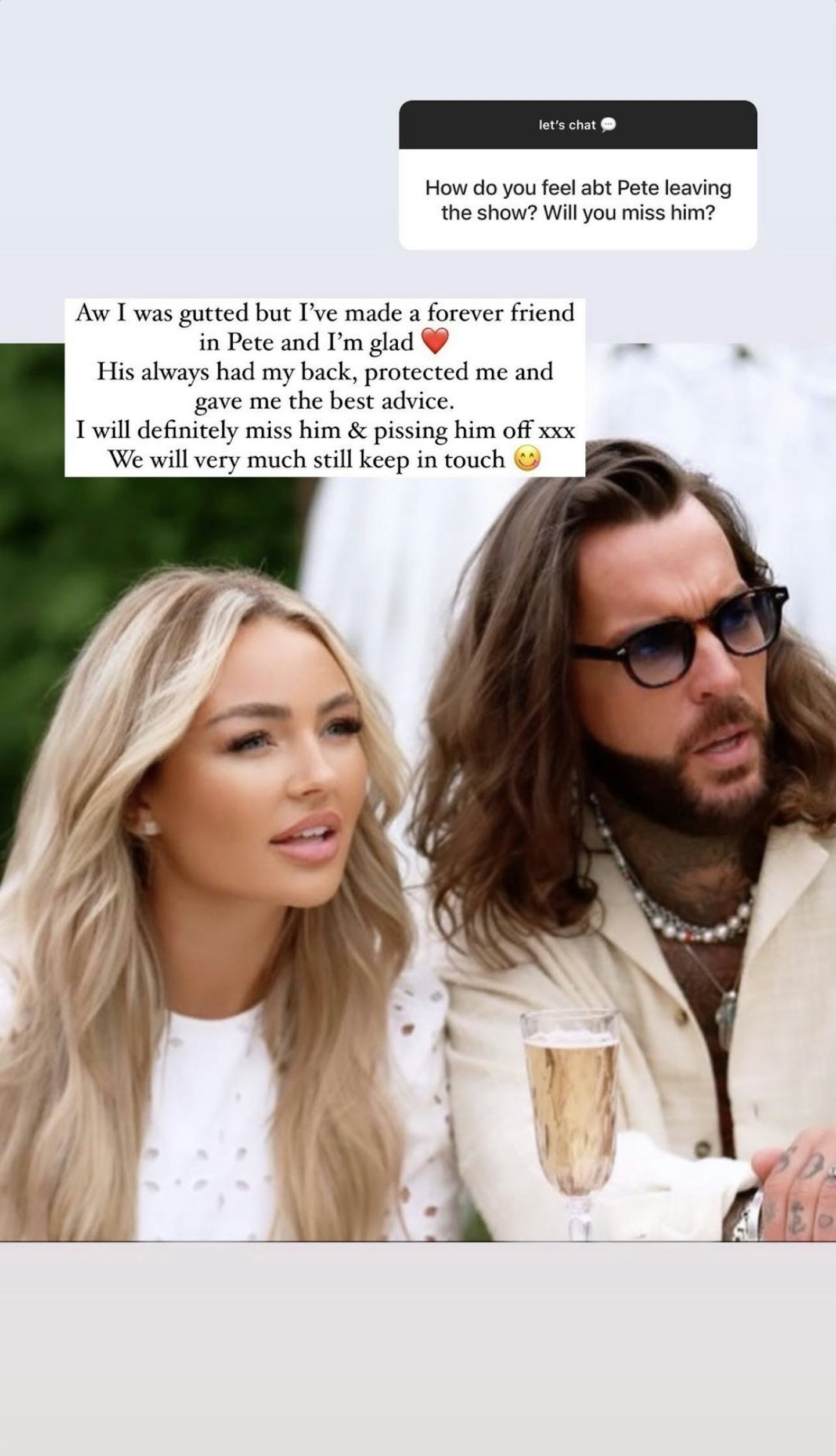 Ella Rae Wise's Instagram story about Pete Wicks leaving TOWIE