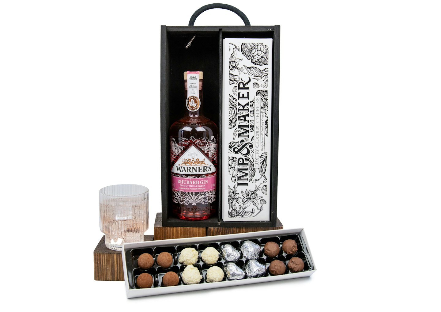 Warner's Rhubarb Gin & Chocs in Wooden Gift Box