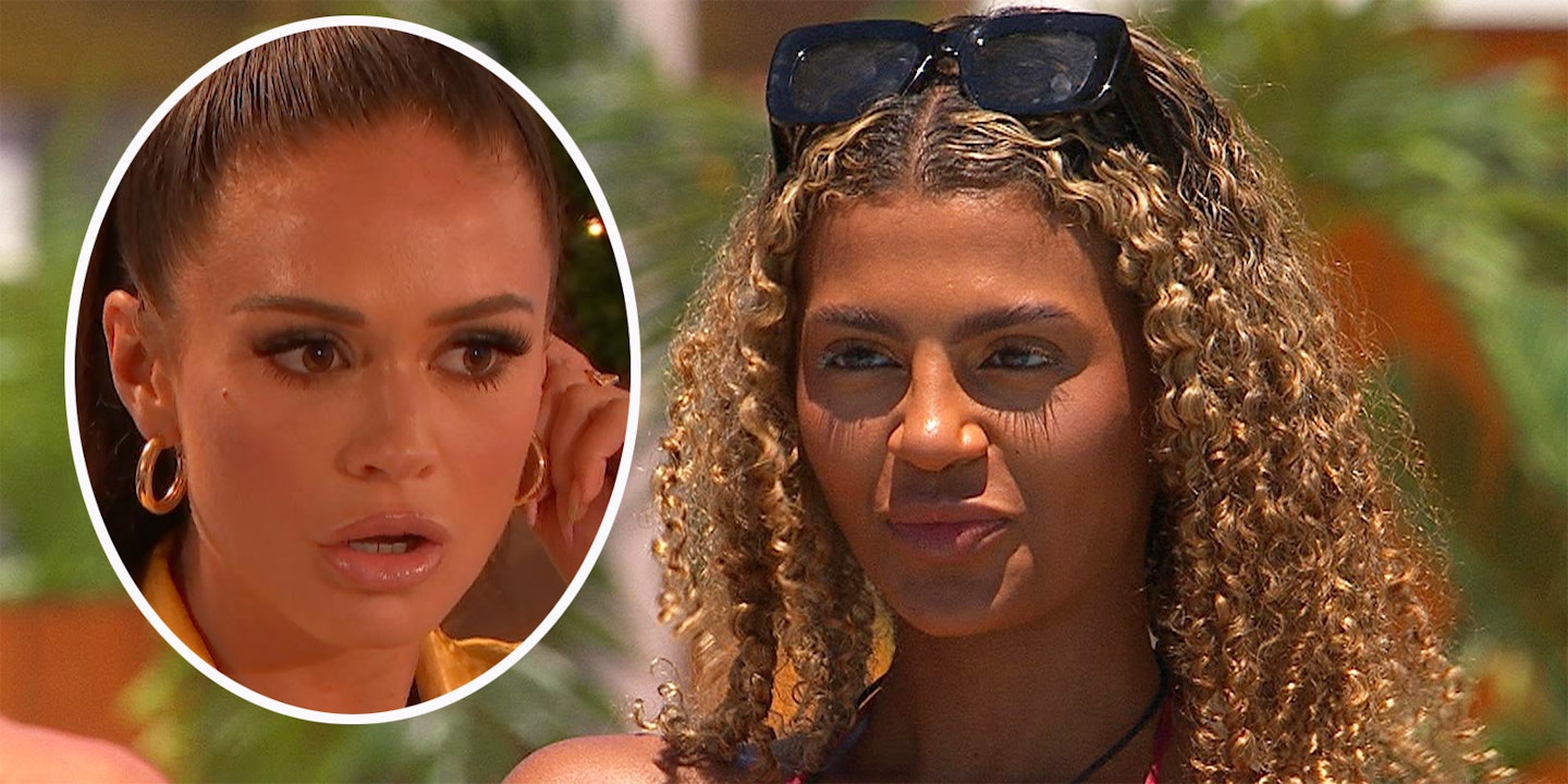 Olivia and zara from Love Island look at each other in a comped image