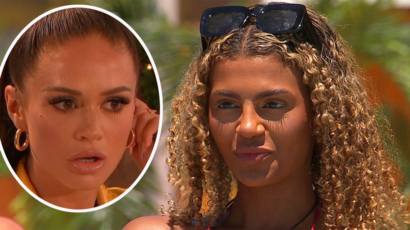 Olivia and zara from Love Island look at each other in a comped image