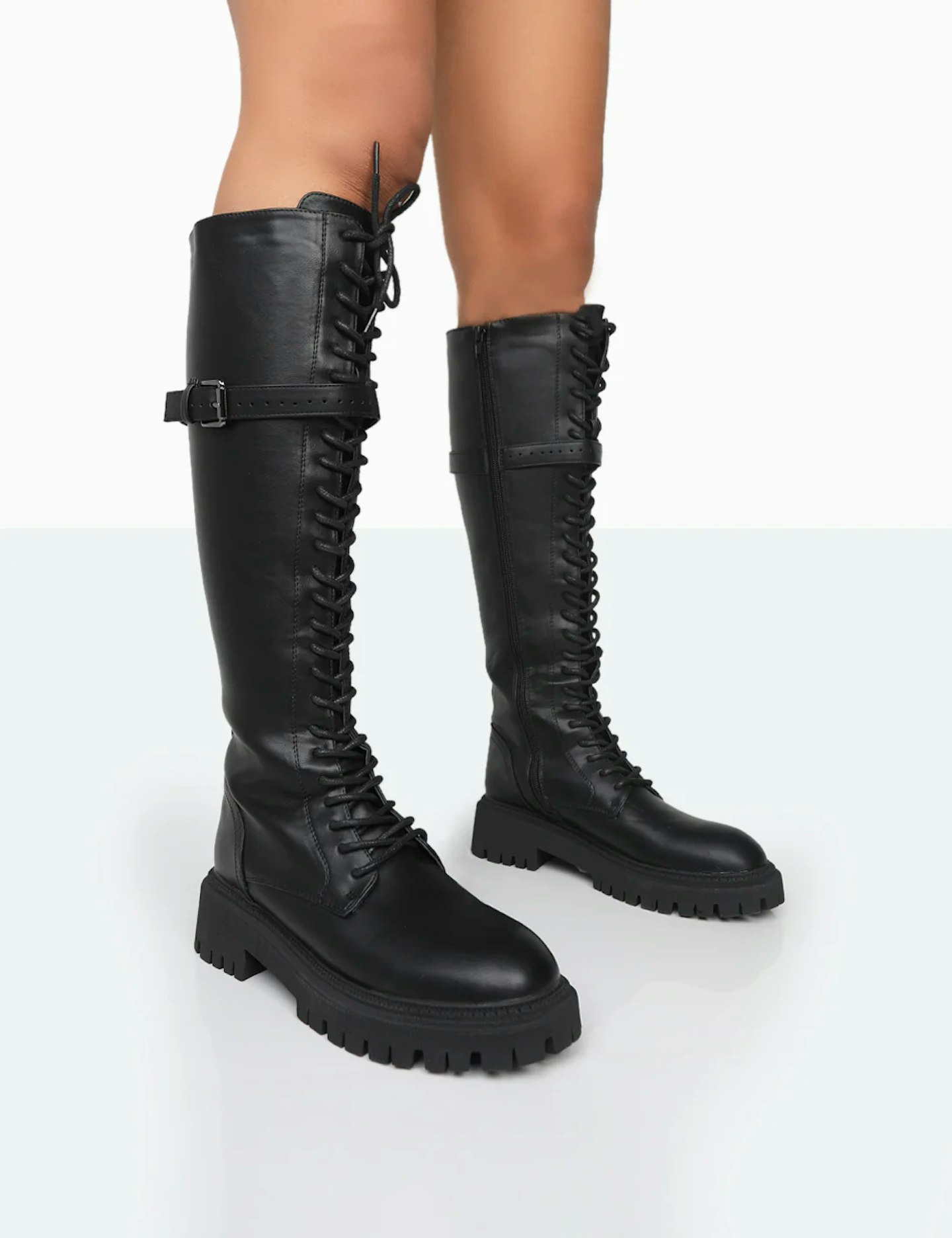 Public Desire LAINEY Black PU Lace Up Knee High Boots
