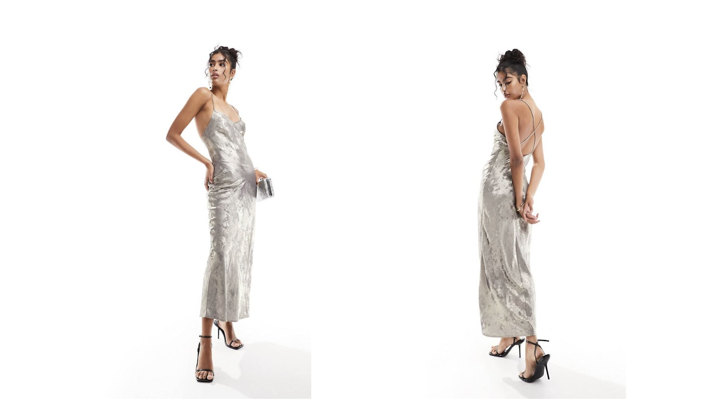 silver maxi slip dress front and back