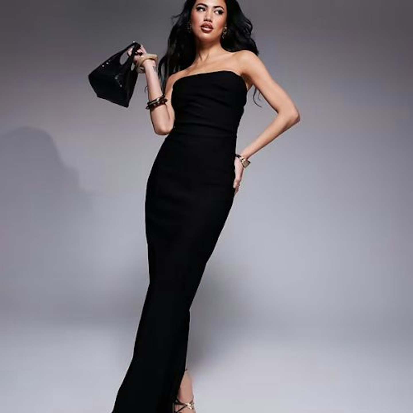 Vesper drape waist bandeau maxi dress in black