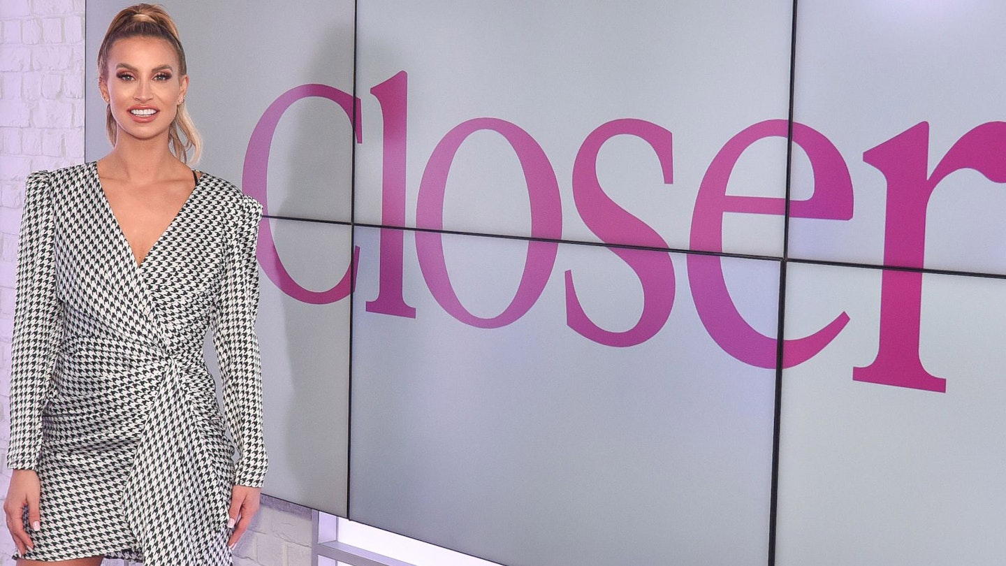 Ferne McCann stands in front of the Closer logo