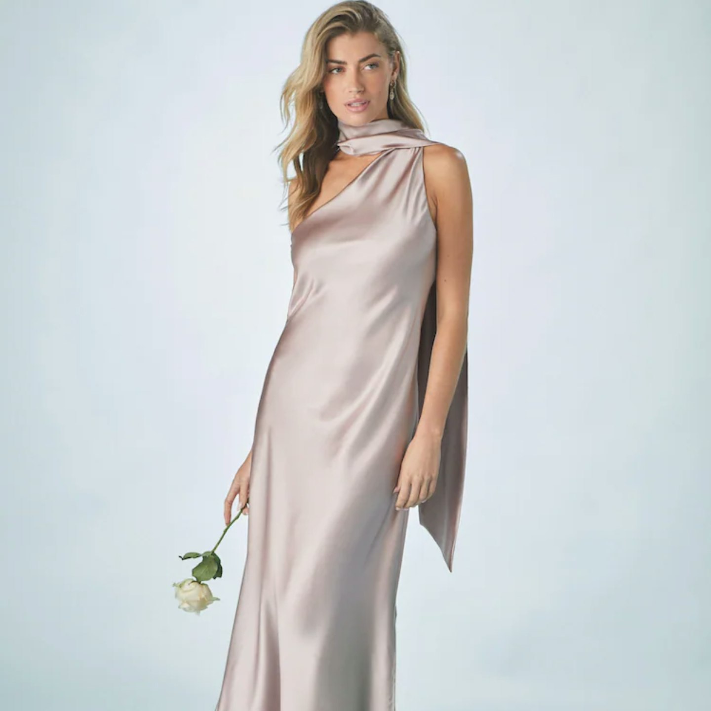 dusky pink bridesmaid one shoulder dress