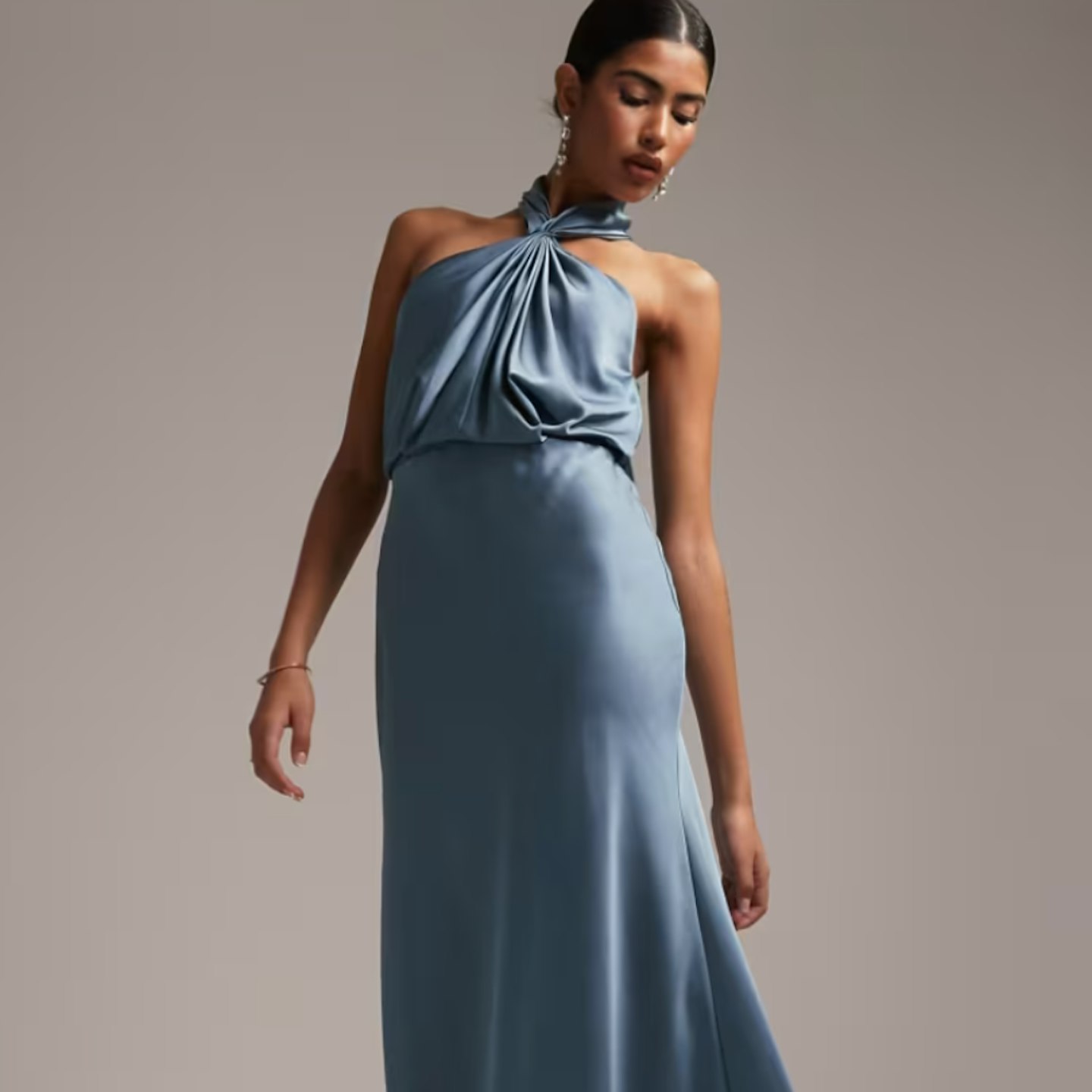 ASOS Bridesmaid Satin Ruched Halter Neck Maxi Dress In Dusky Blue