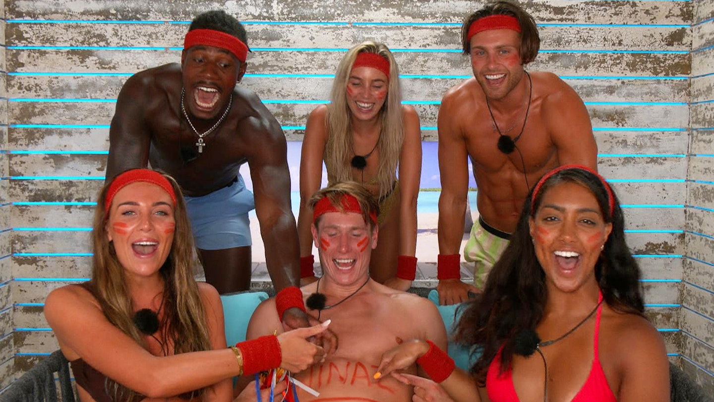 Love Island's Shaq, Rosie, Lana, Will, Casey, Sanam in red sports wear in the Beach Hut