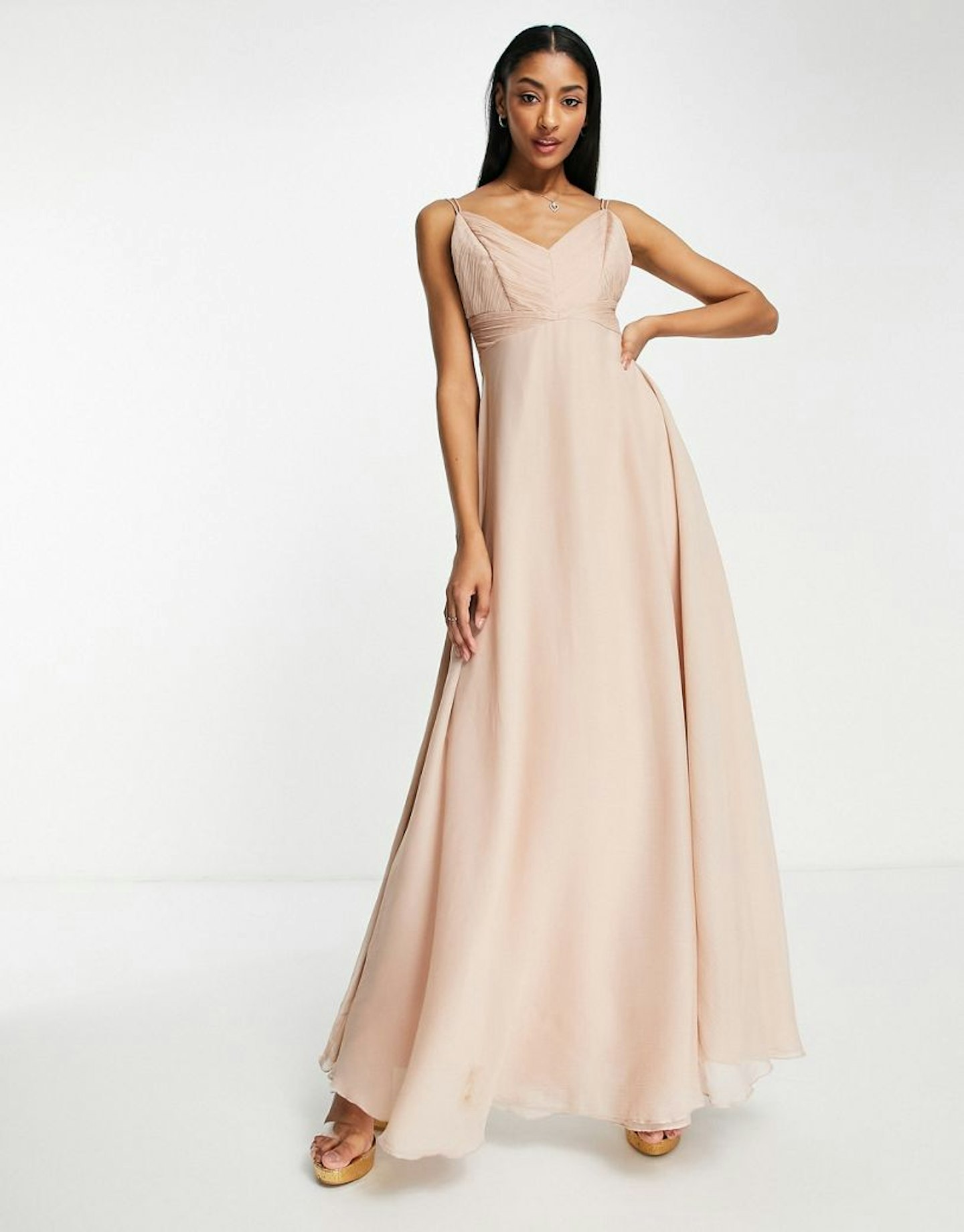 ASOS DESIGN Bridesmaid Cami Maxi Dress With Ruched Bodice and Tie Waist in Blush