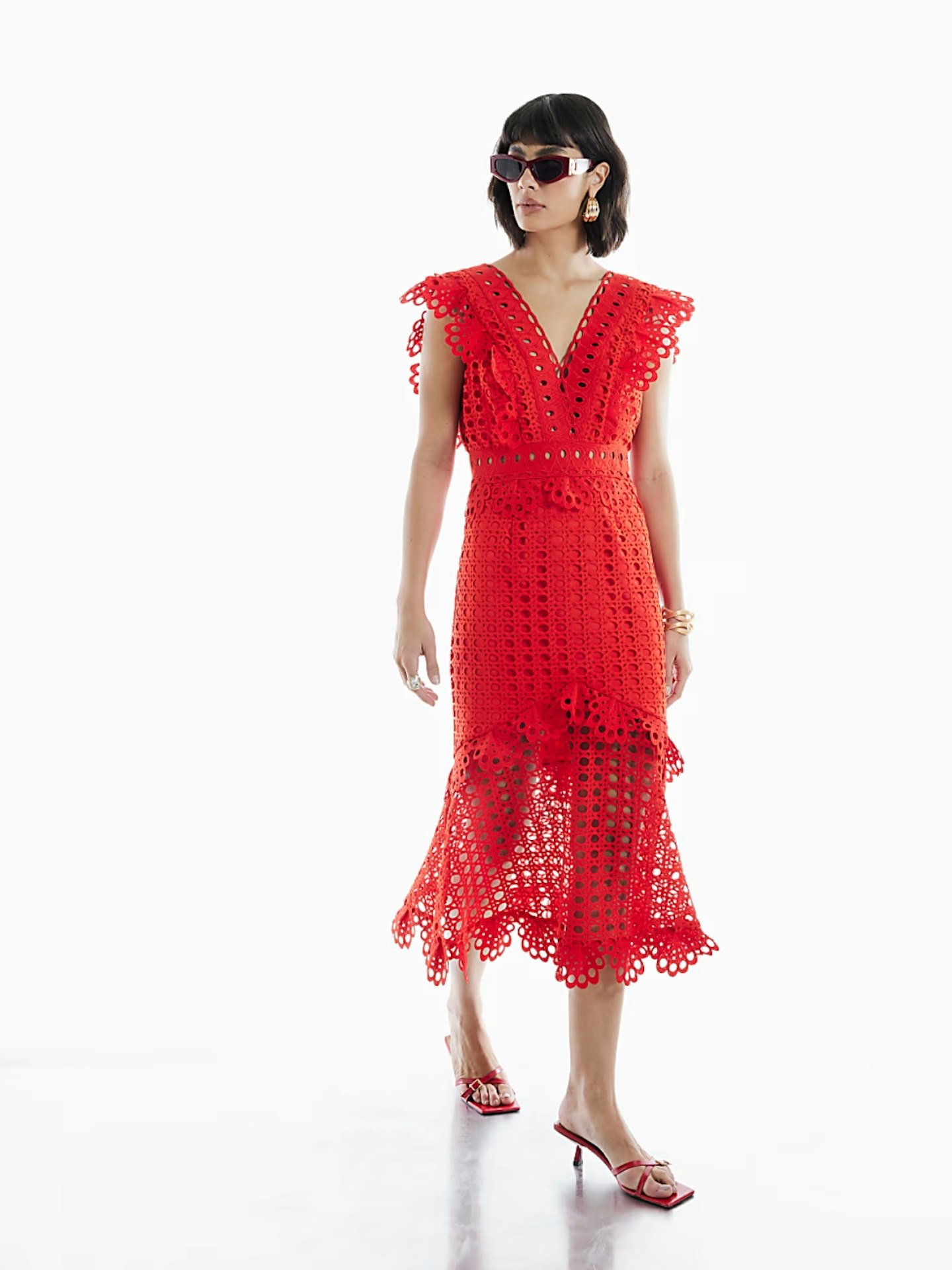 River Island Red Broderie Midi Dress