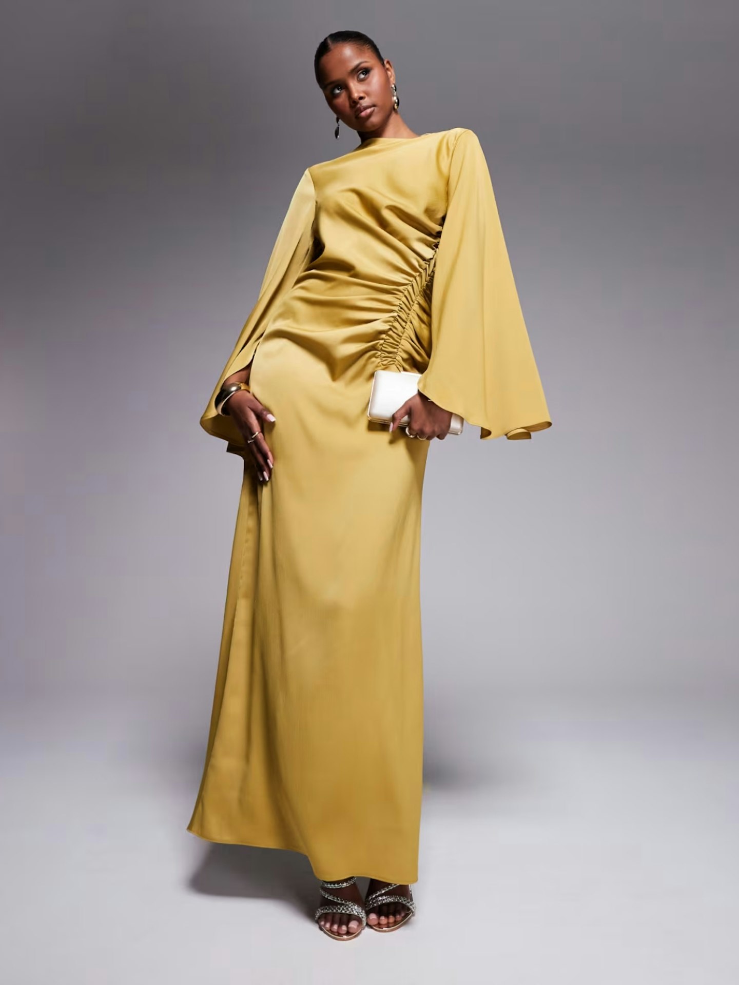 ASOS Exaggerated Sleeve Bias Maxi Dress With Ruched Waist