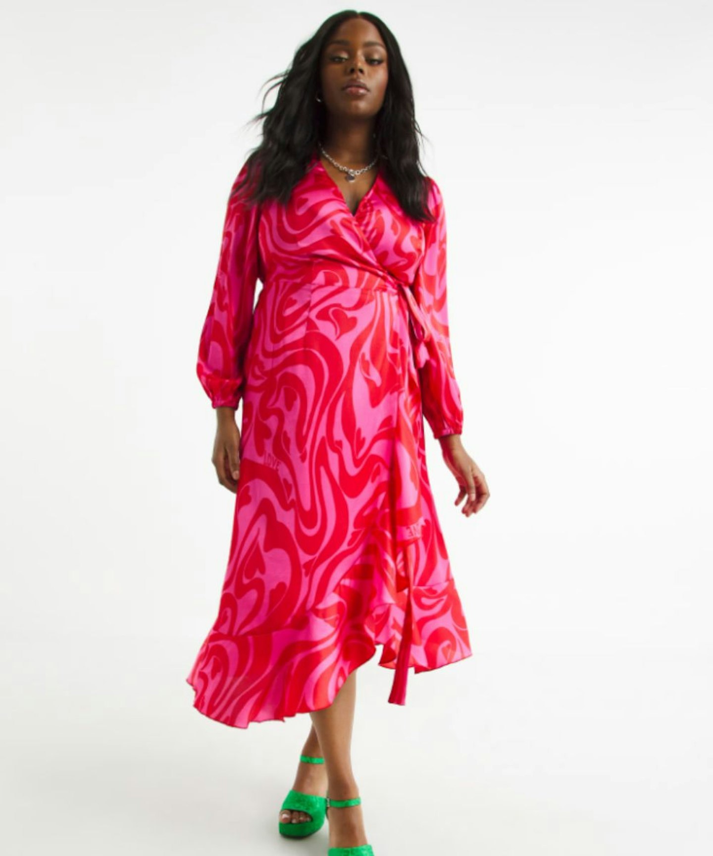 Pink And Red Swirl Print Satin Wrap Dress