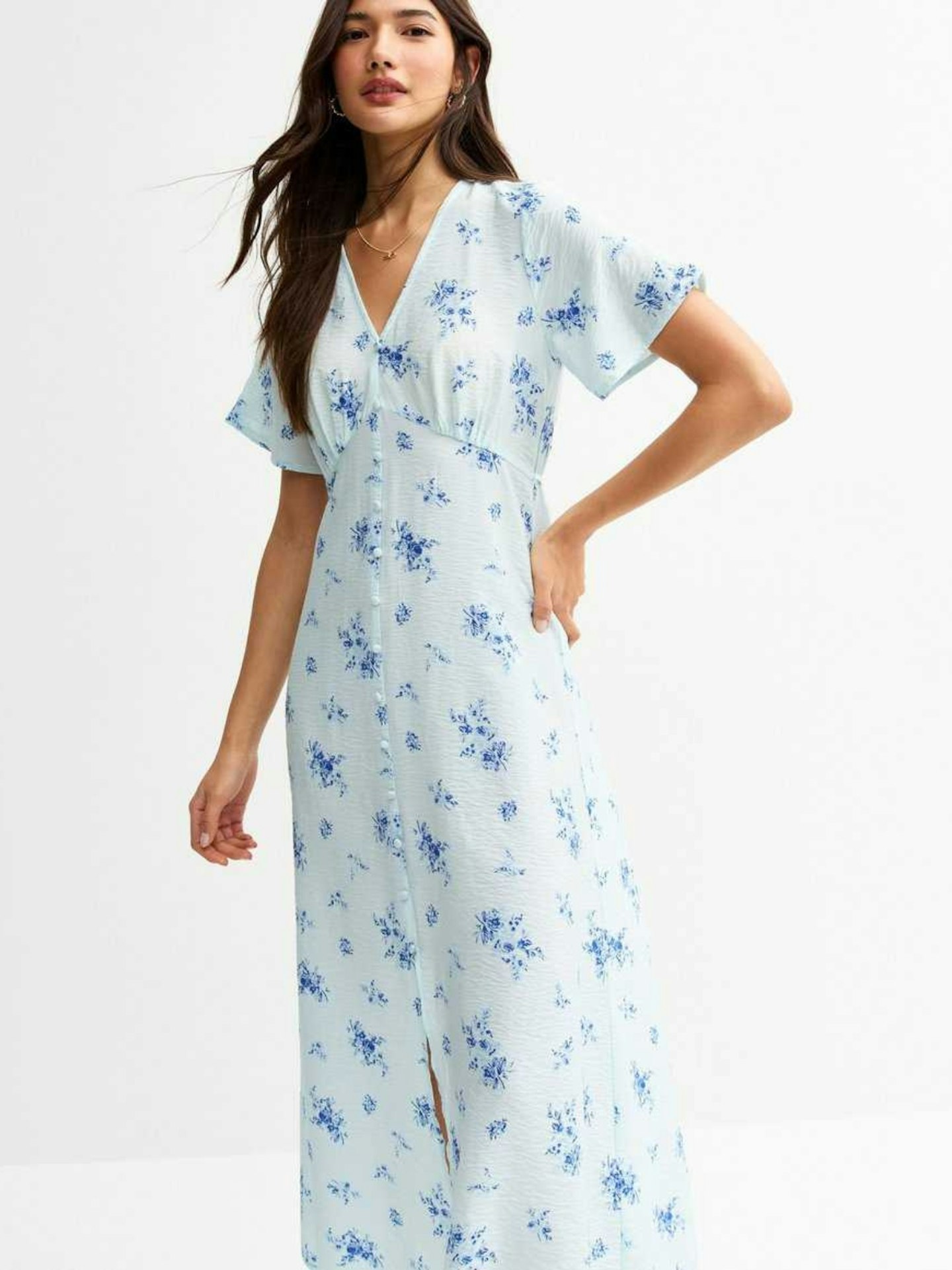 New Look Blue Rose Print Button Through Midi Tea Dress