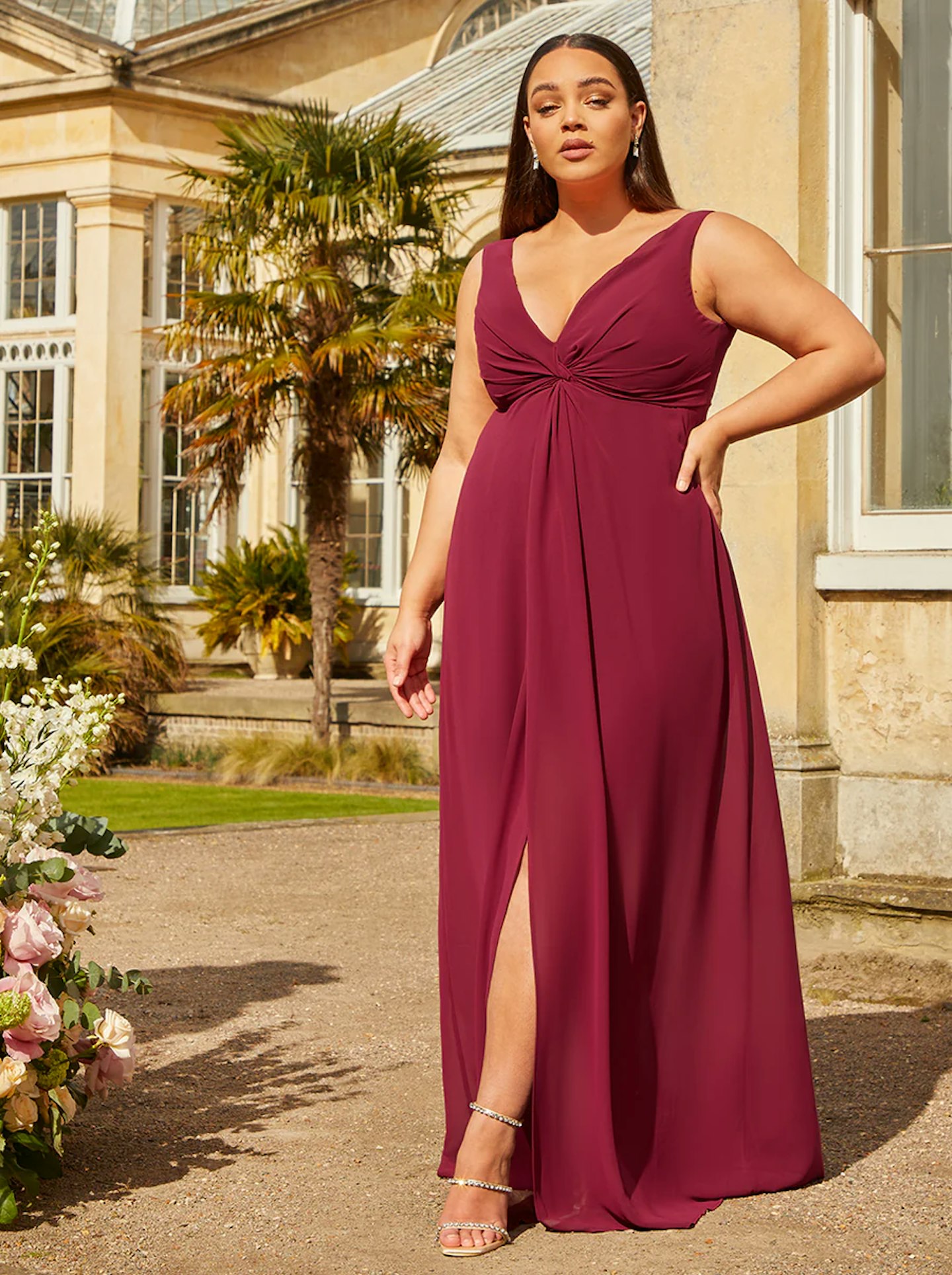 Chi Chi London Plus Size Knot Detail Maxi Dress in Wine
