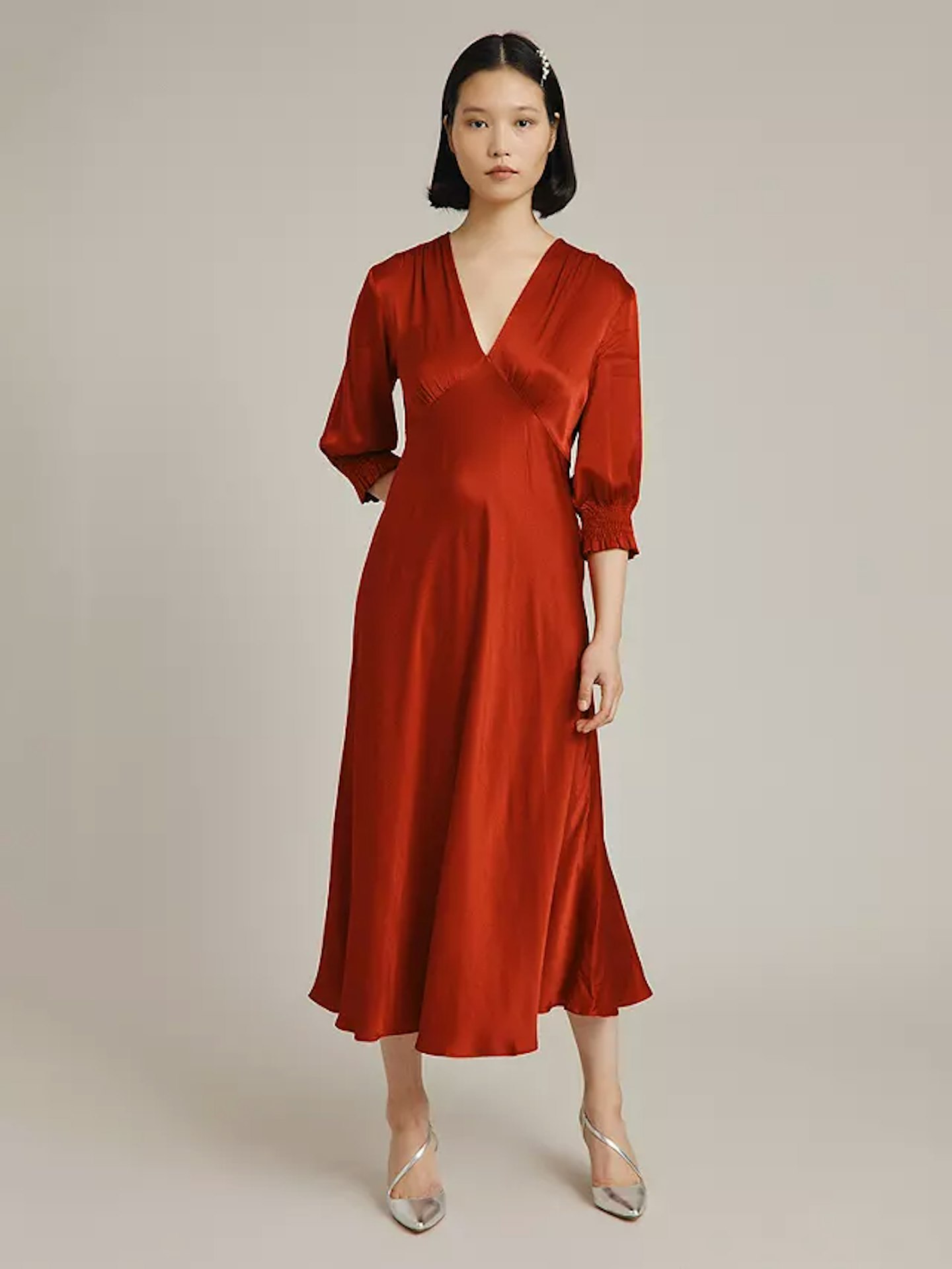 Ghost Elle Satin Midi Dress Chilli Red