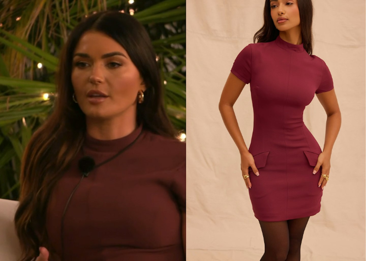 India wears House of CB burgundy dress on the sixth night