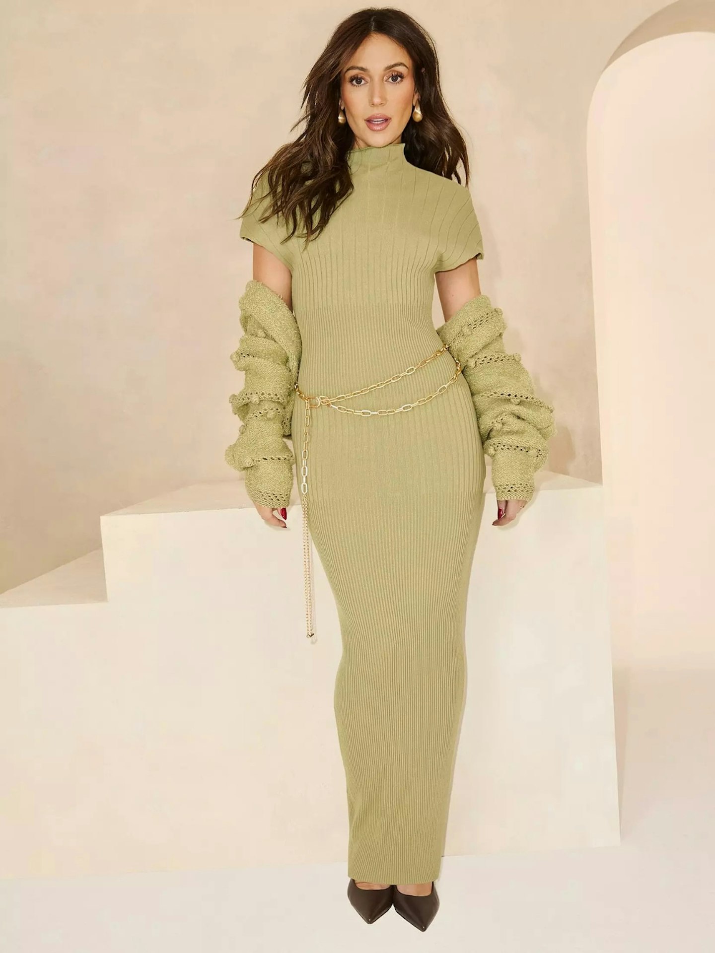 Michelle Keegan Asymmetric Ribbed Midi Dress In Green 