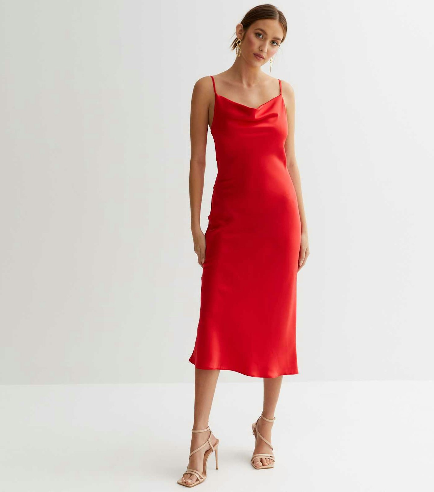New Look Red Satin Cowl Neck Midi Slip Dress