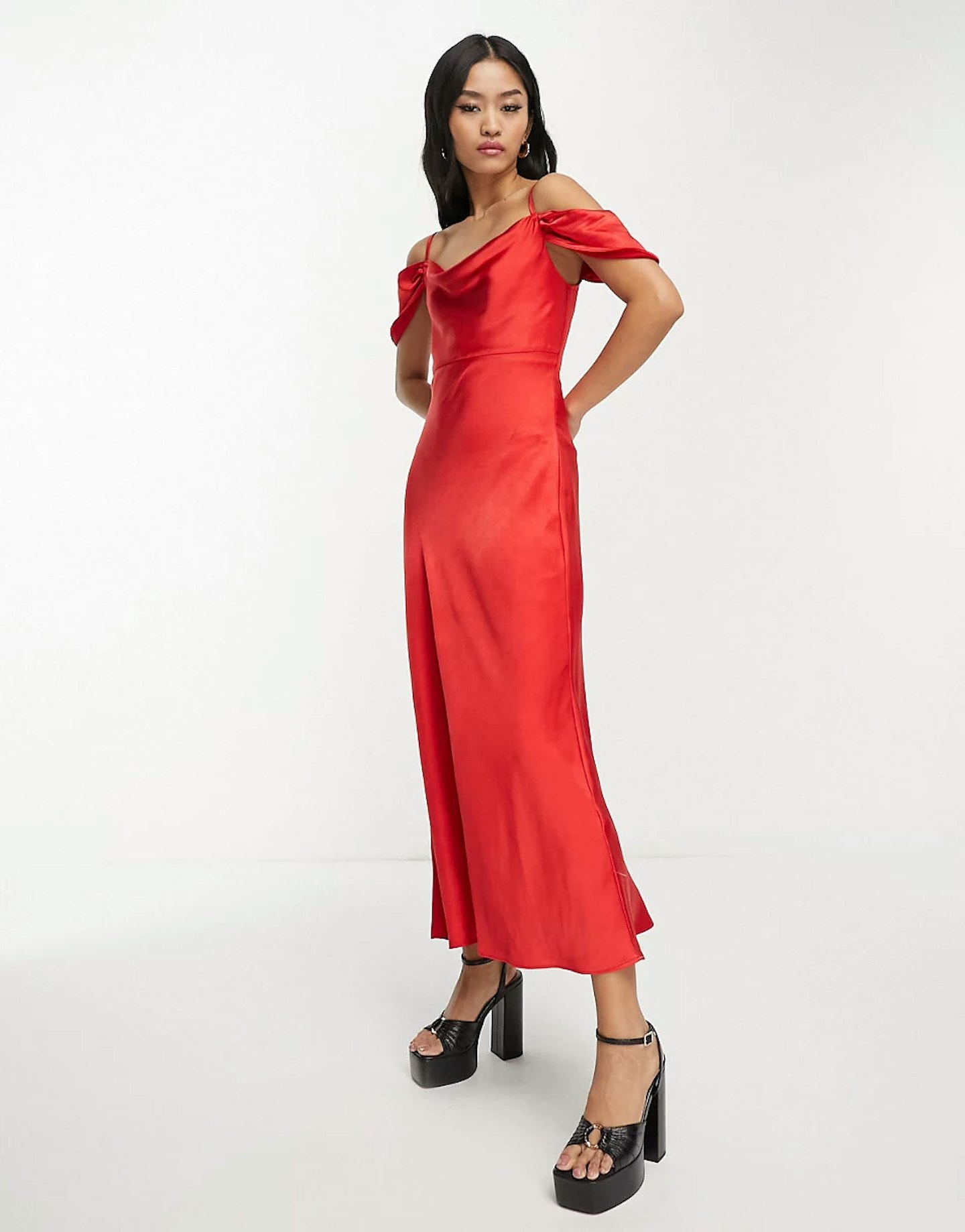 Style Cheat Cold Shoulder Satin Midi Dress in Red